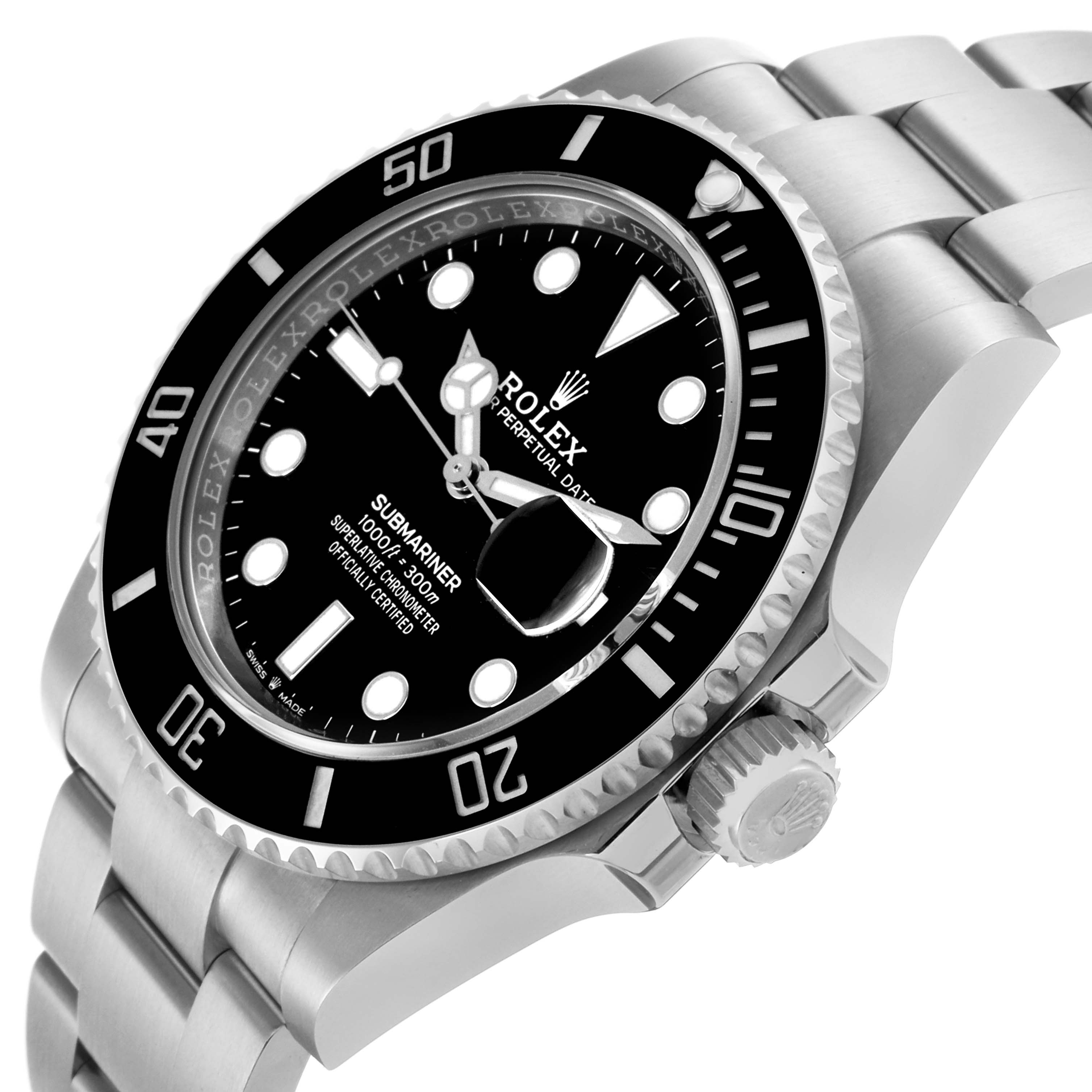 The Rolex Submariner 126610LN Men's Stainless Steel Black Dial 126610LN Men's Stainless Steel Black Dial watch is shown at an angled side view, displaying the bezel, dial, and part of the bracelet.
