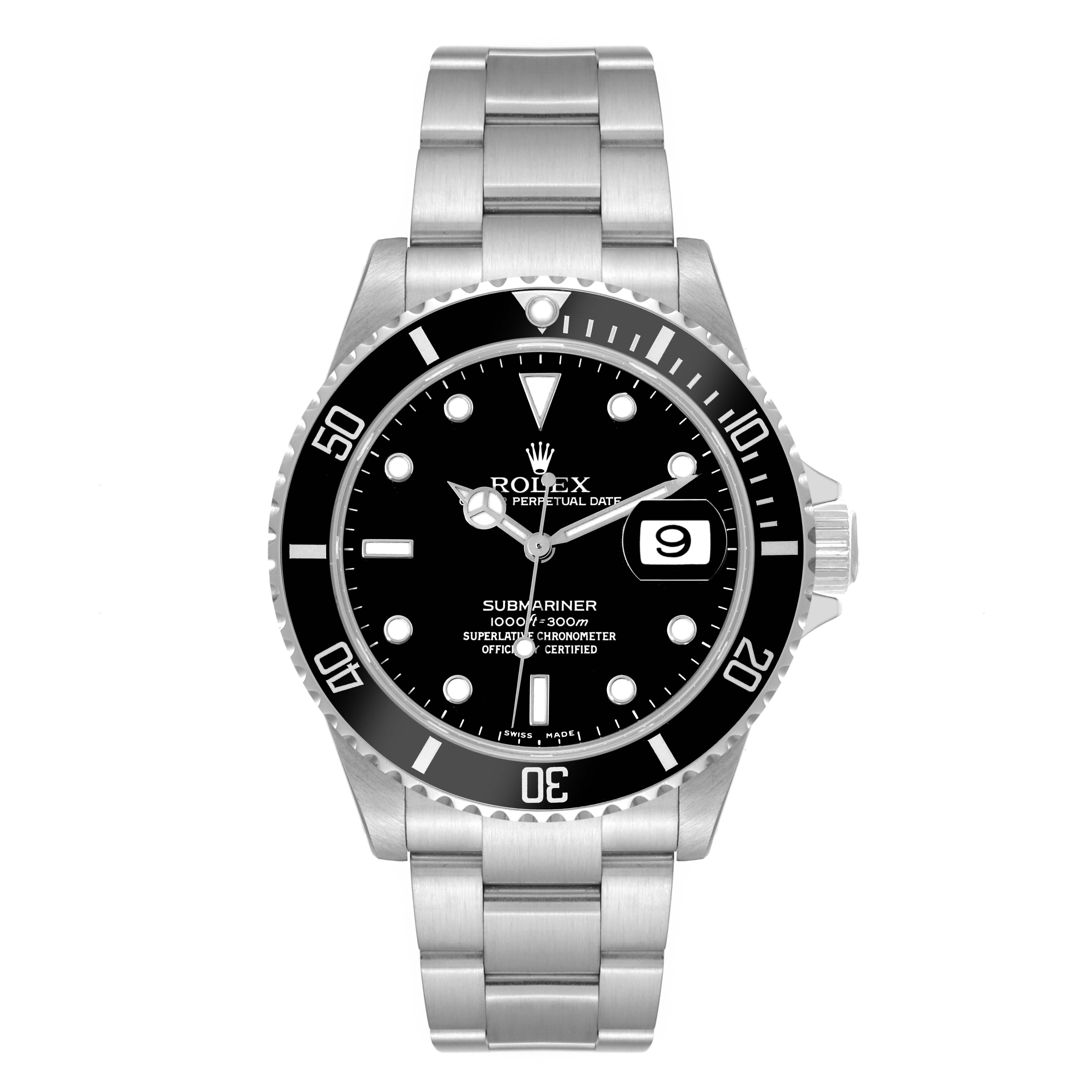 The Rolex Submariner 16610 Men
s Stainless Steel Black Dial 16610 Men
s Stainless Steel Black Dial watch is shown from a front angle, displaying its bezel, dial, and bracelet.