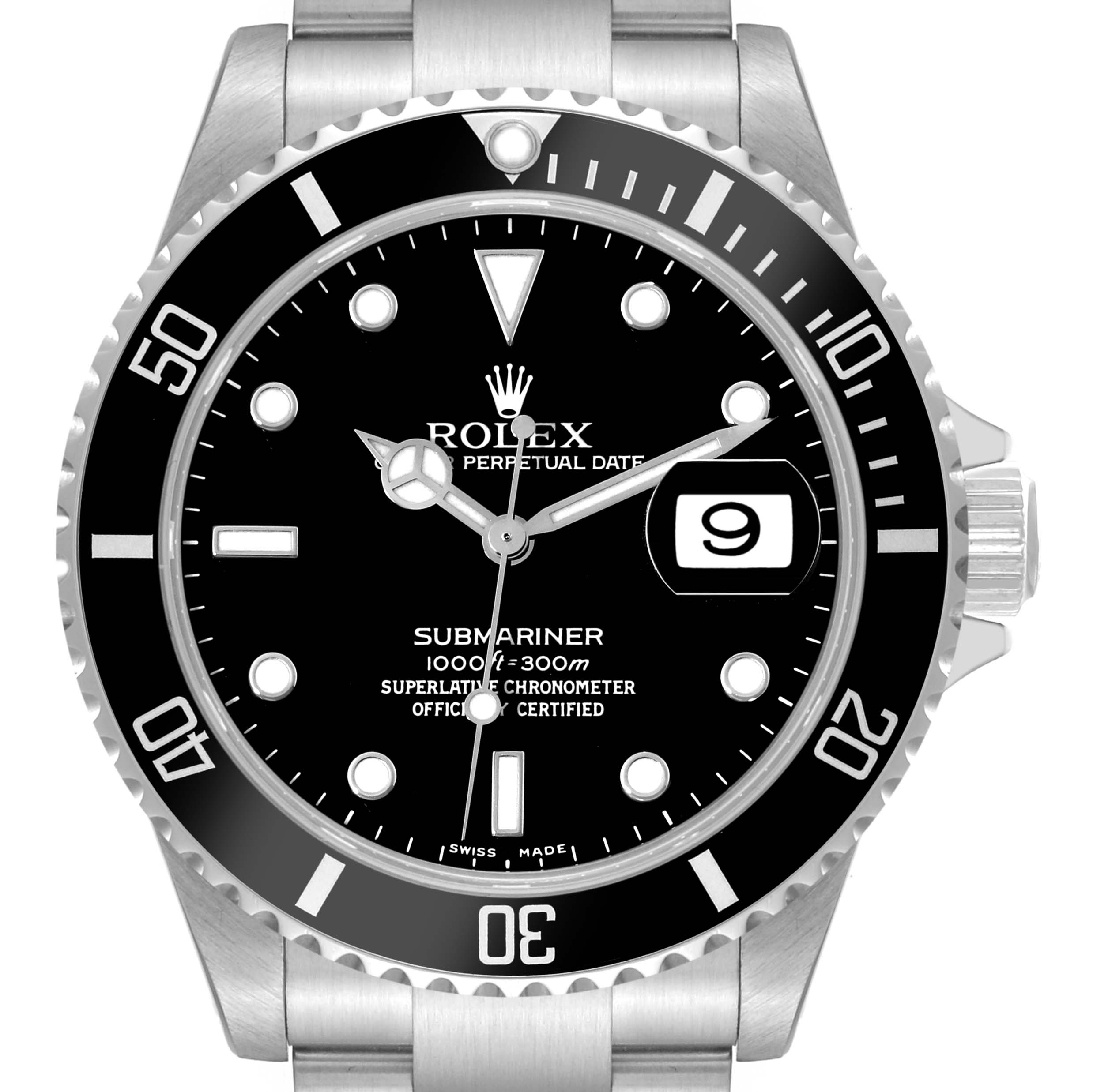 The image shows a front view of the Rolex Submariner 16610 Men
s Stainless Steel Black Dial 16610 Men
s Stainless Steel Black Dial watch face, bezel, and part of the stainless steel bracelet.