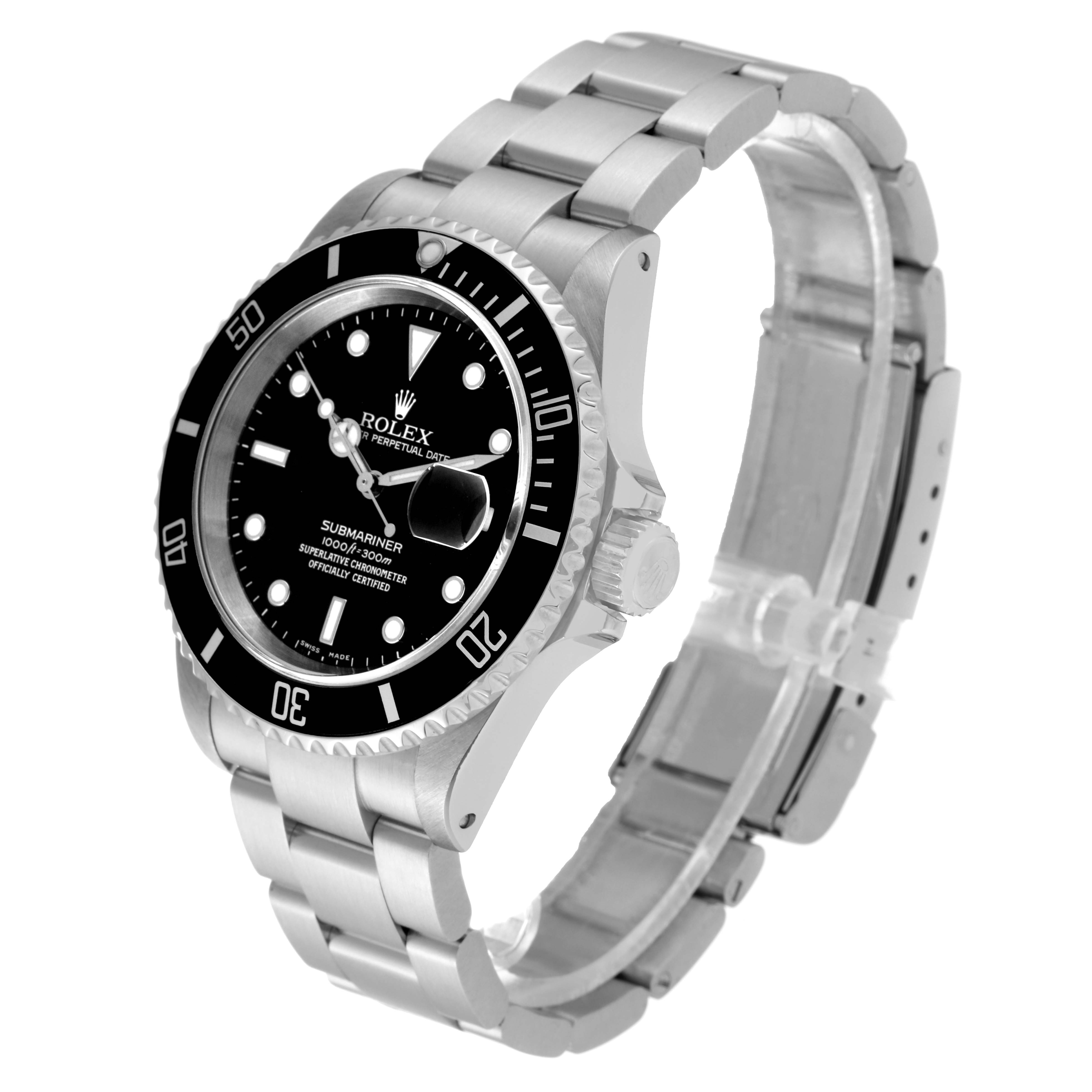 The image shows a side angle of the Rolex Submariner 16610 Men
s Stainless Steel Black Dial 16610 Men
s Stainless Steel Black Dial watch, highlighting the face, bezel, crown, and bracelet.