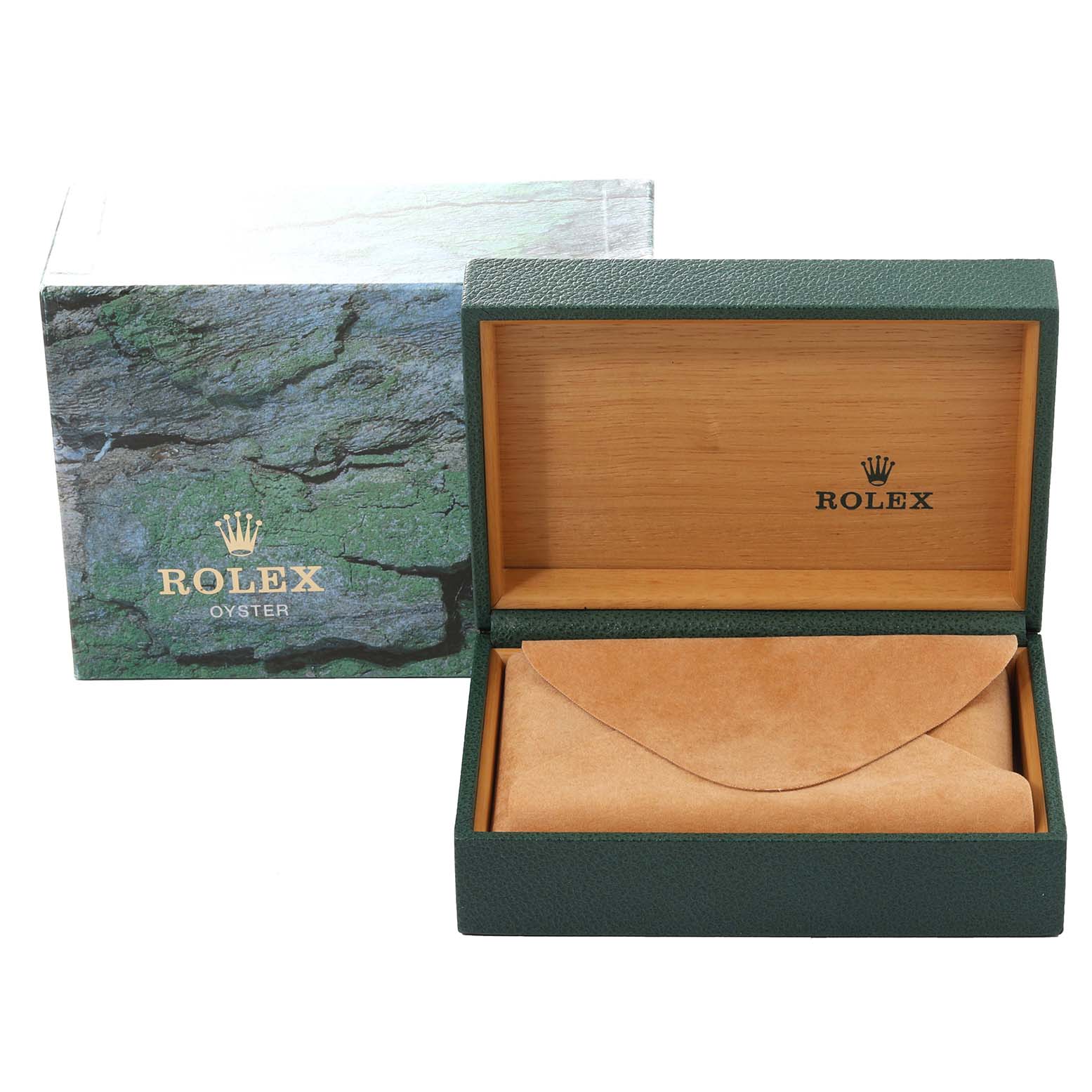 The image shows the packaging box and interior case for the Rolex Submariner 16610 Men
s Stainless Steel Black Dial 16610 Men
s Stainless Steel Black Dial watch, with the box open to reveal a suede pouch inside.