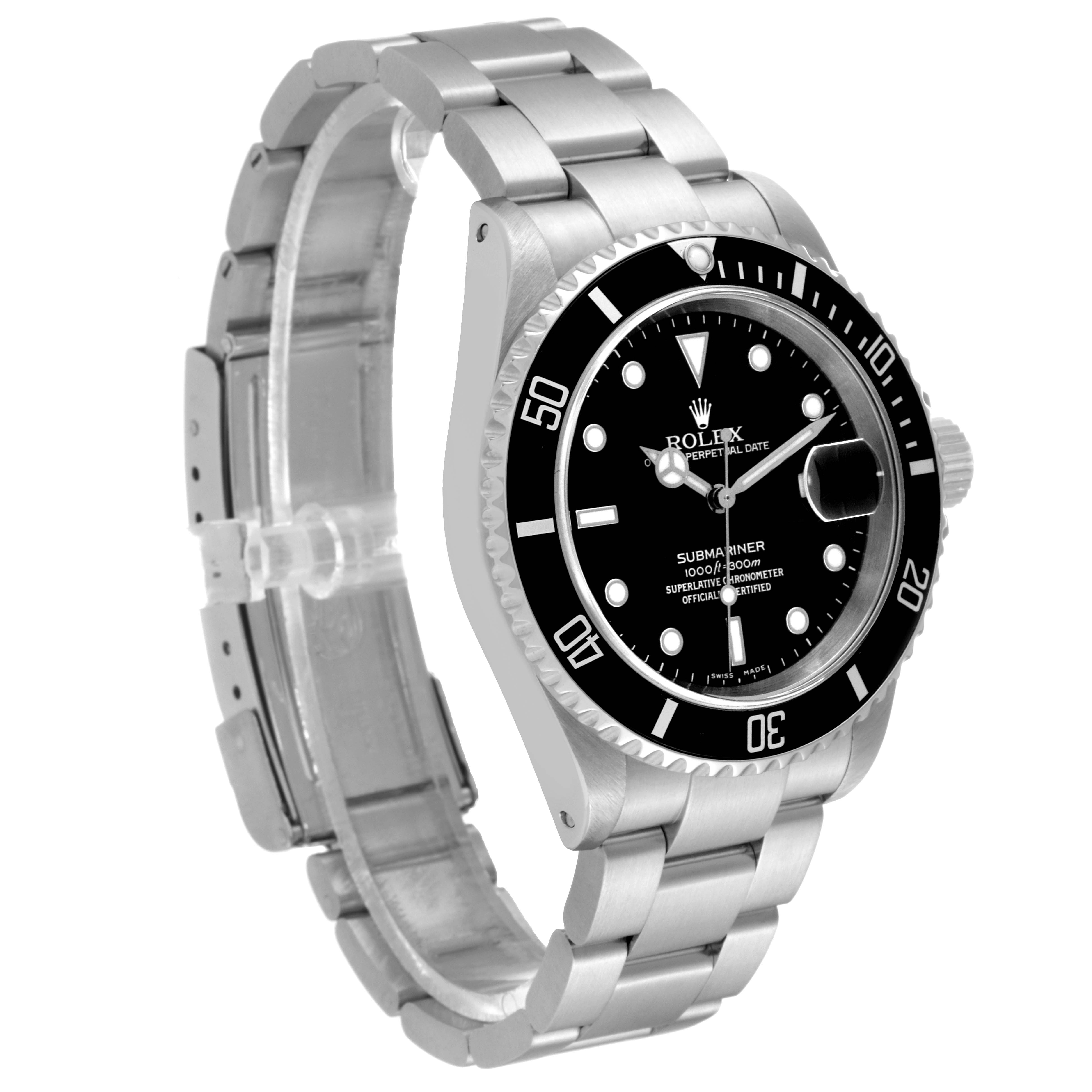 This image shows a Rolex Submariner 16610 Men
s Stainless Steel Black Dial 16610 Men
s Stainless Steel Black Dial watch from a side angle, revealing the bezel, dial, case, and bracelet.