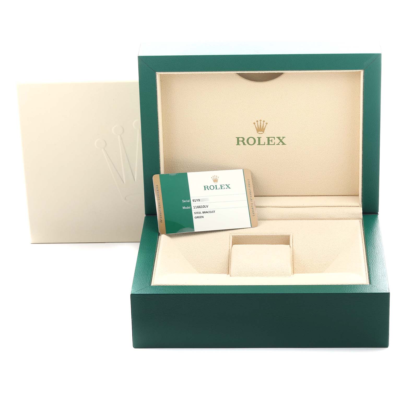 The image shows an open Rolex Submariner 116610LV Men's Stainless Steel Green Dial 116610LV Men's Stainless Steel Green Dial box with a warranty card inside.