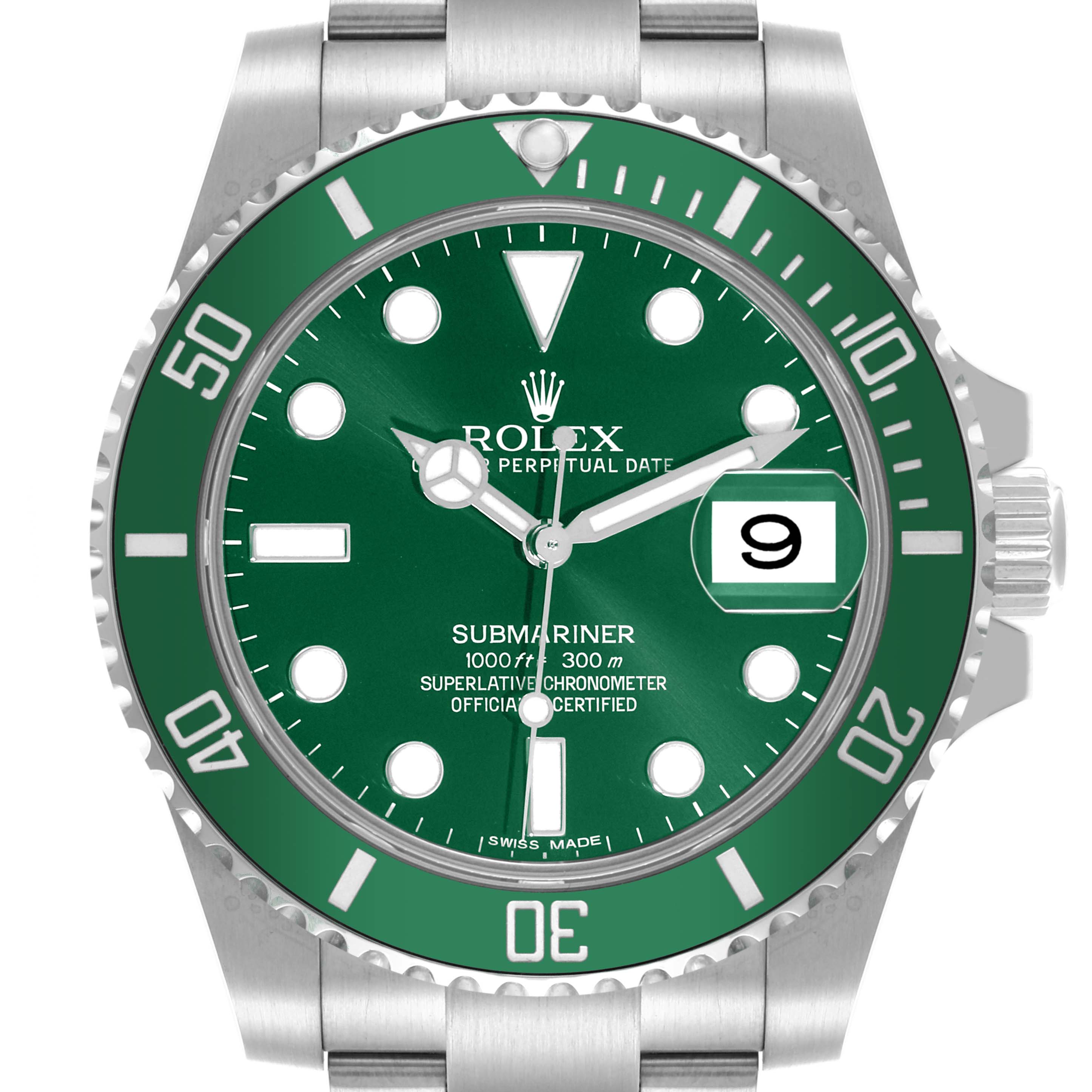 The image shows a front view of the Rolex Submariner 116610LV Men's Stainless Steel Green Dial 116610LV Men's Stainless Steel Green Dial watch, highlighting the green dial, bezel, and date magnifier.