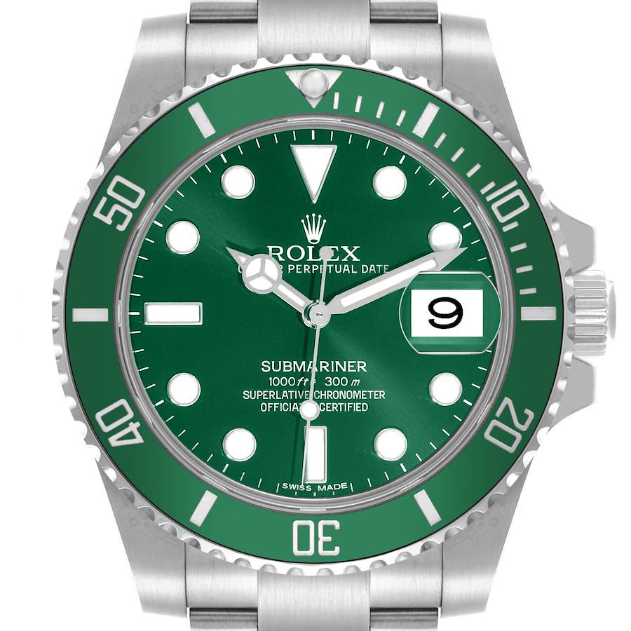 The image shows a front view of the Rolex Submariner watch, highlighting the green dial, bezel, and date magnifier.