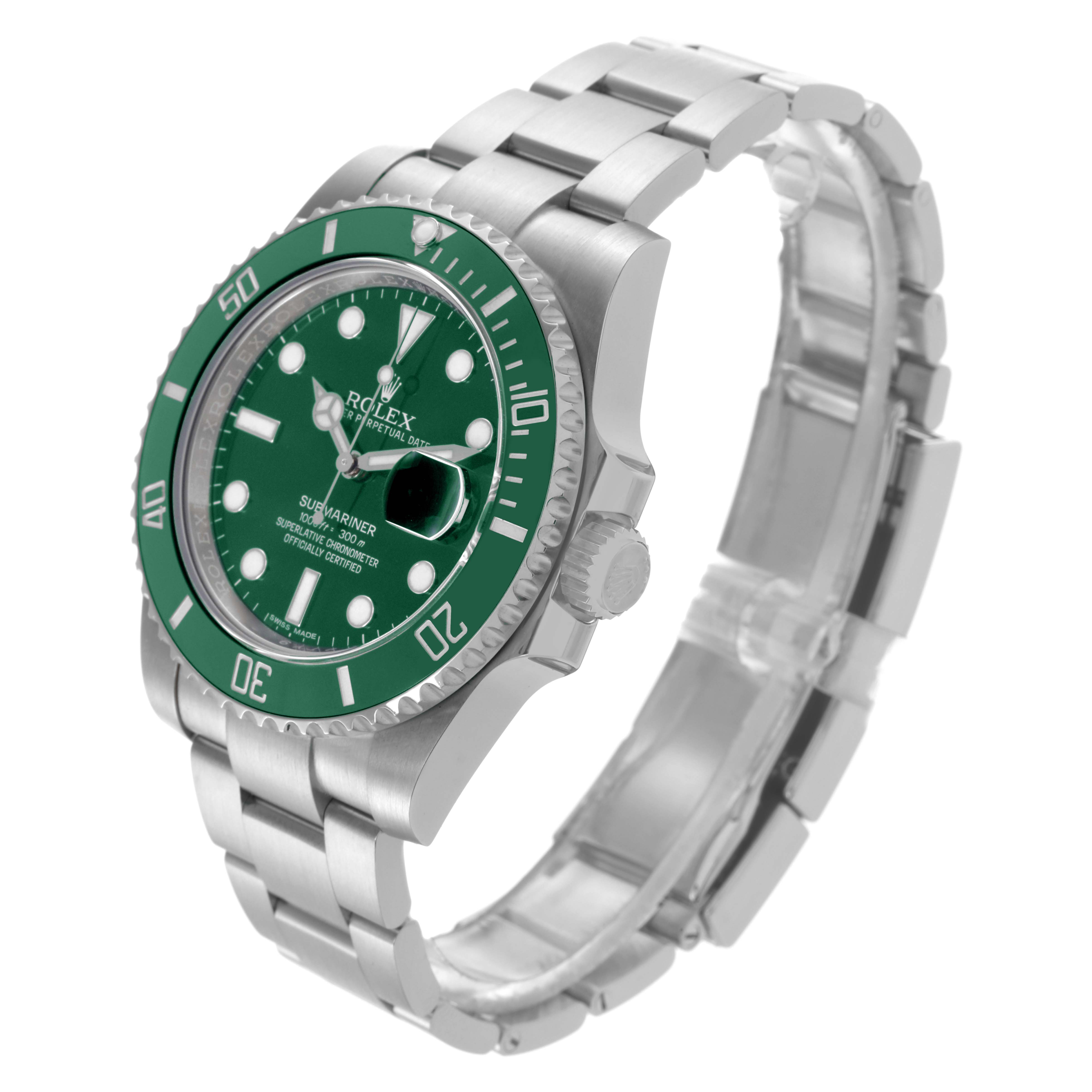 The Rolex Submariner 116610LV Men's Stainless Steel Green Dial 116610LV Men's Stainless Steel Green Dial is shown at an angle highlighting the green dial, bezel, and stainless steel bracelet with a view of the case and crown.