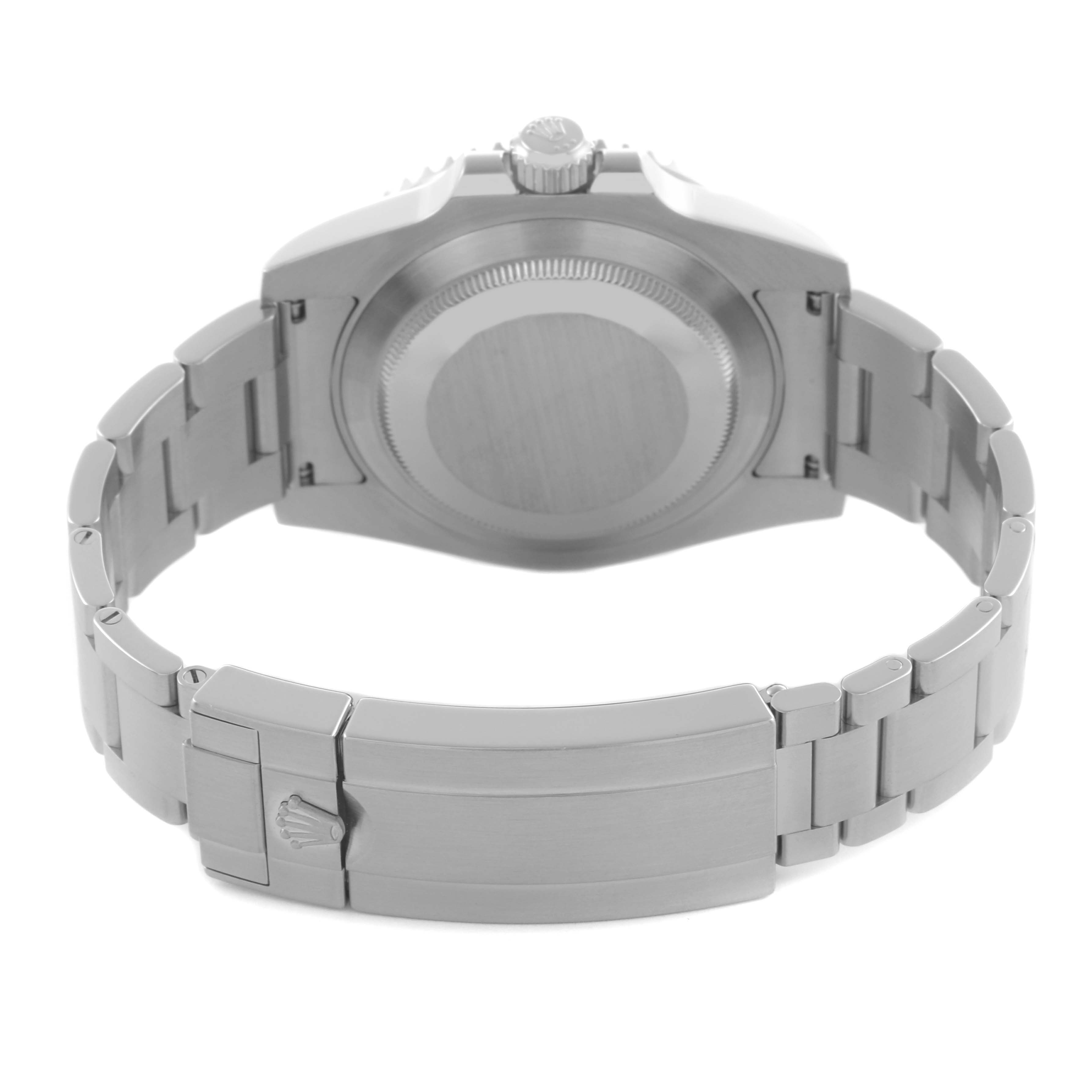 The Rolex Submariner 116610LV Men's Stainless Steel Green Dial 116610LV Men's Stainless Steel Green Dial is shown from the back, featuring the closed clasp, bracelet, and case back.