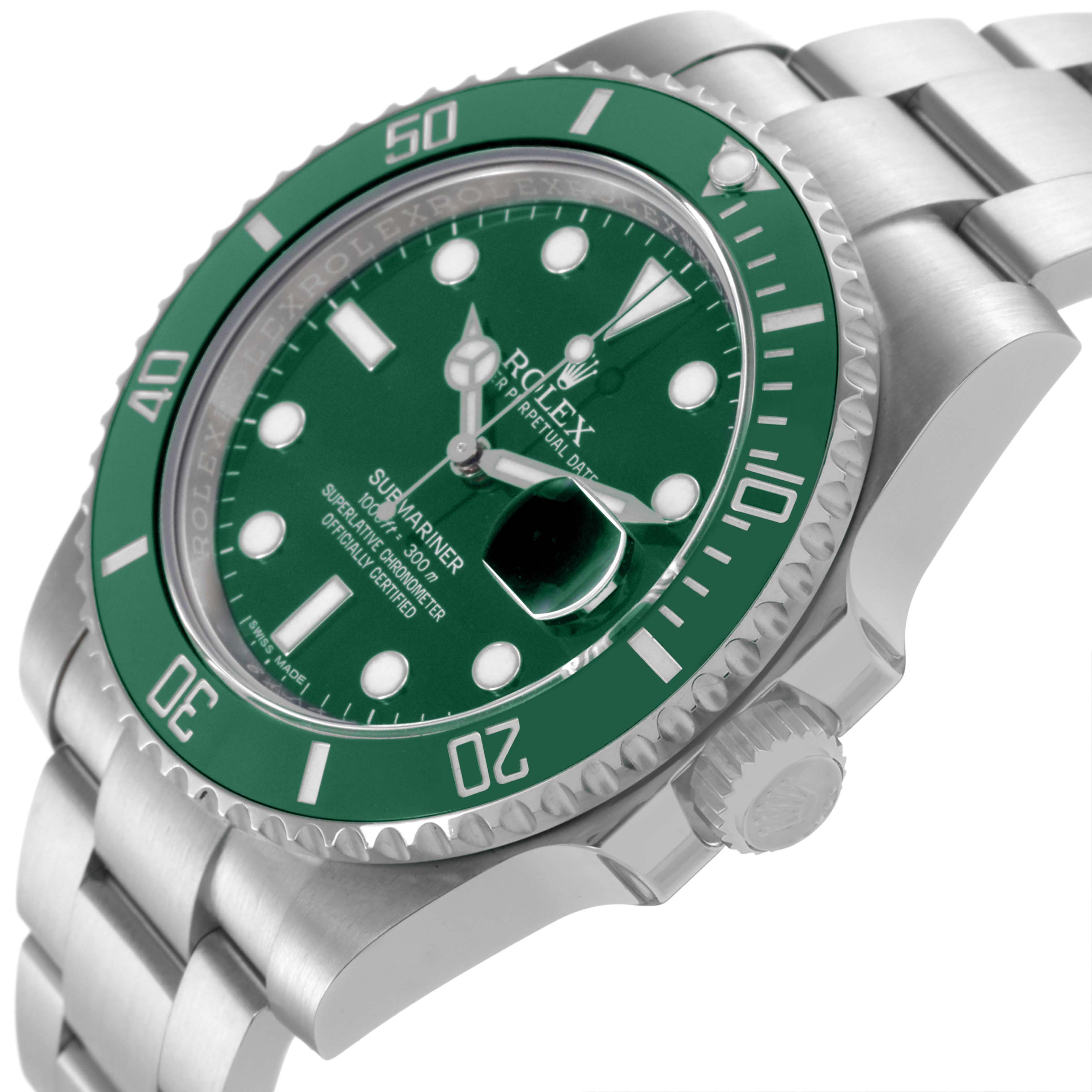 The Rolex Submariner 116610LV Men's Stainless Steel Green Dial 116610LV Men's Stainless Steel Green Dial watch is shown at a side angle, highlighting the green bezel, dial, and part of the metal bracelet.