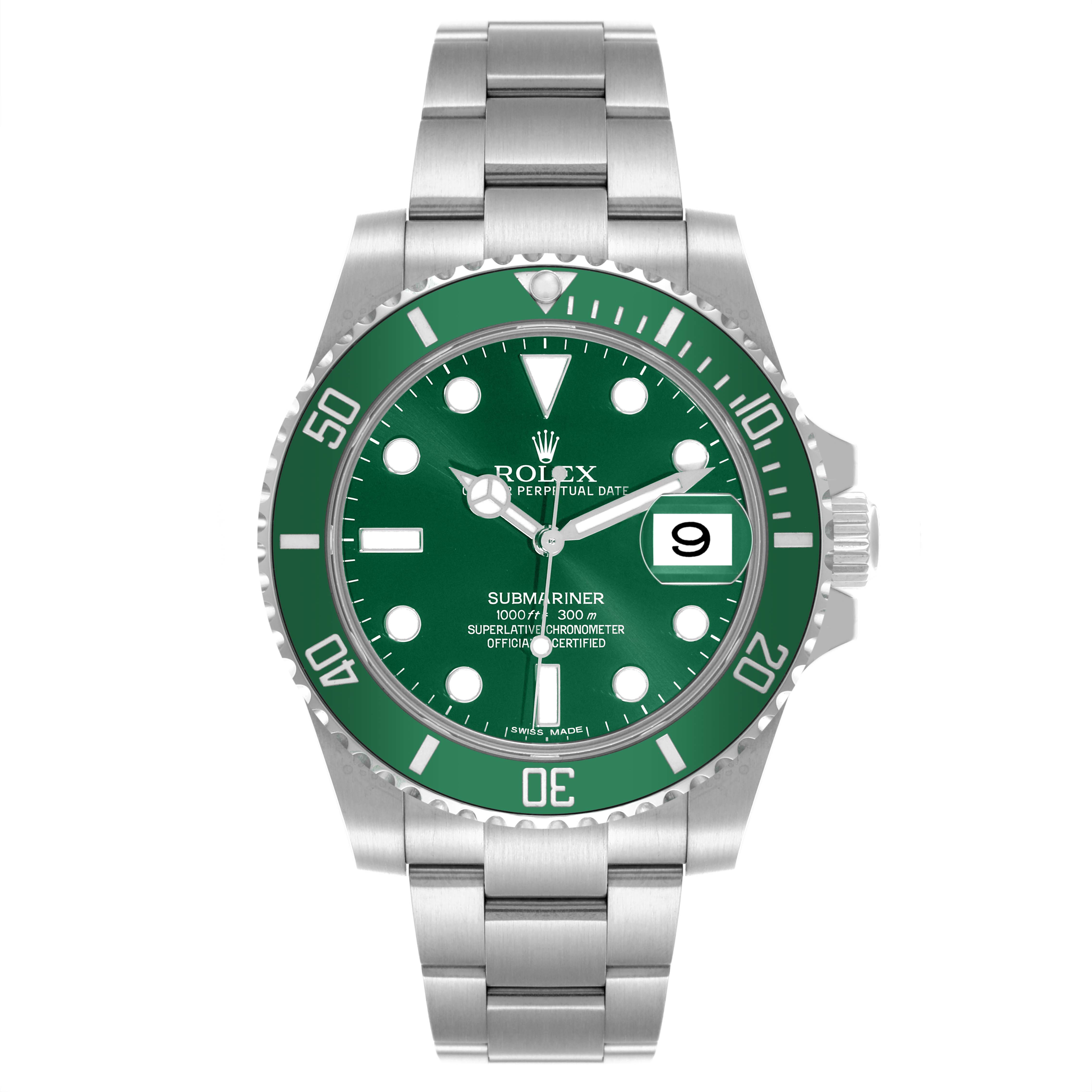 The image shows a front view of a Rolex Submariner 116610LV Men's Stainless Steel Green Dial 116610LV Men's Stainless Steel Green Dial watch, highlighting the green dial, bezel, date window, and stainless steel bracelet.