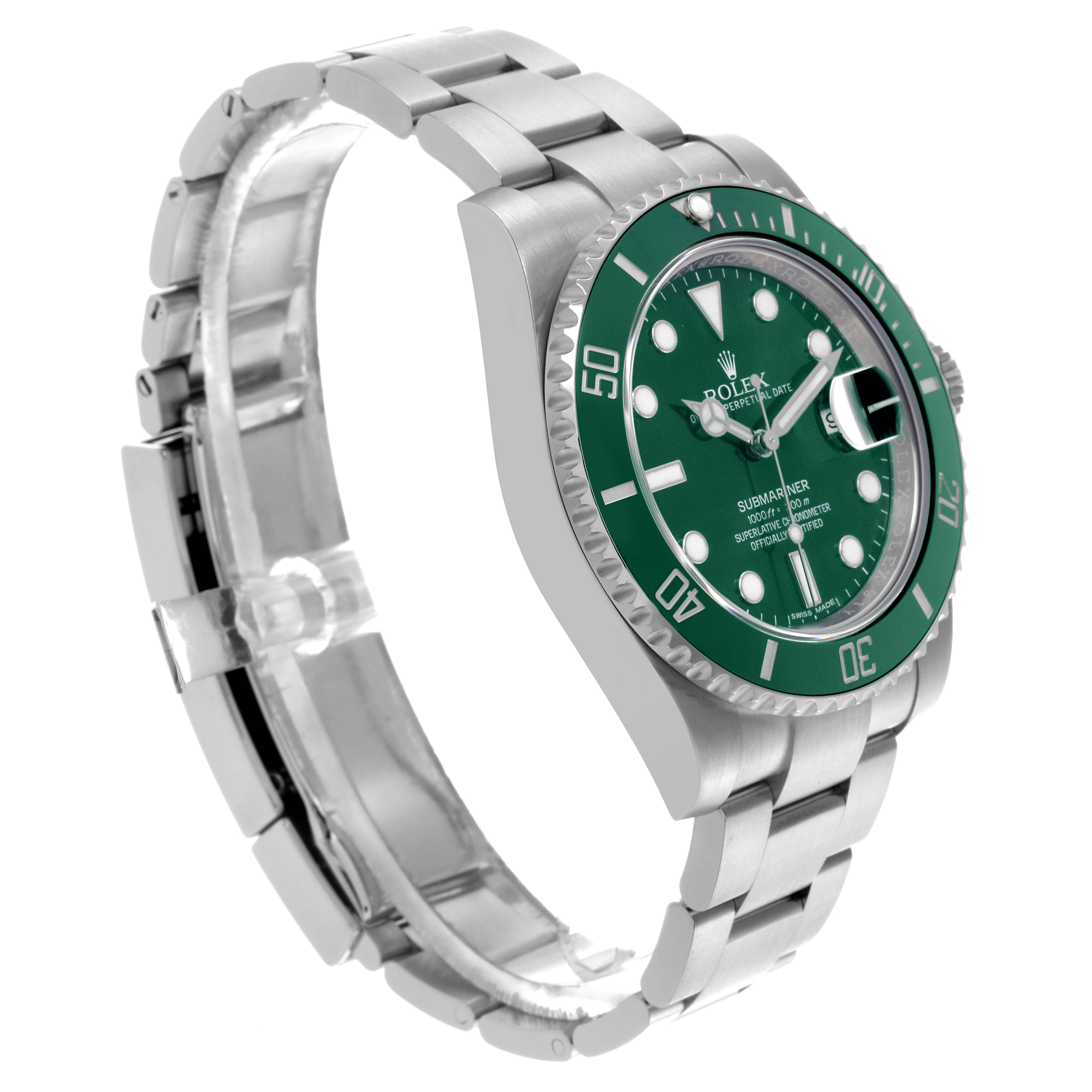 The Rolex Submariner 116610LV Men's Stainless Steel Green Dial 116610LV Men's Stainless Steel Green Dial watch is shown at a three-quarter angle, highlighting the green bezel, dial, and stainless steel bracelet.
