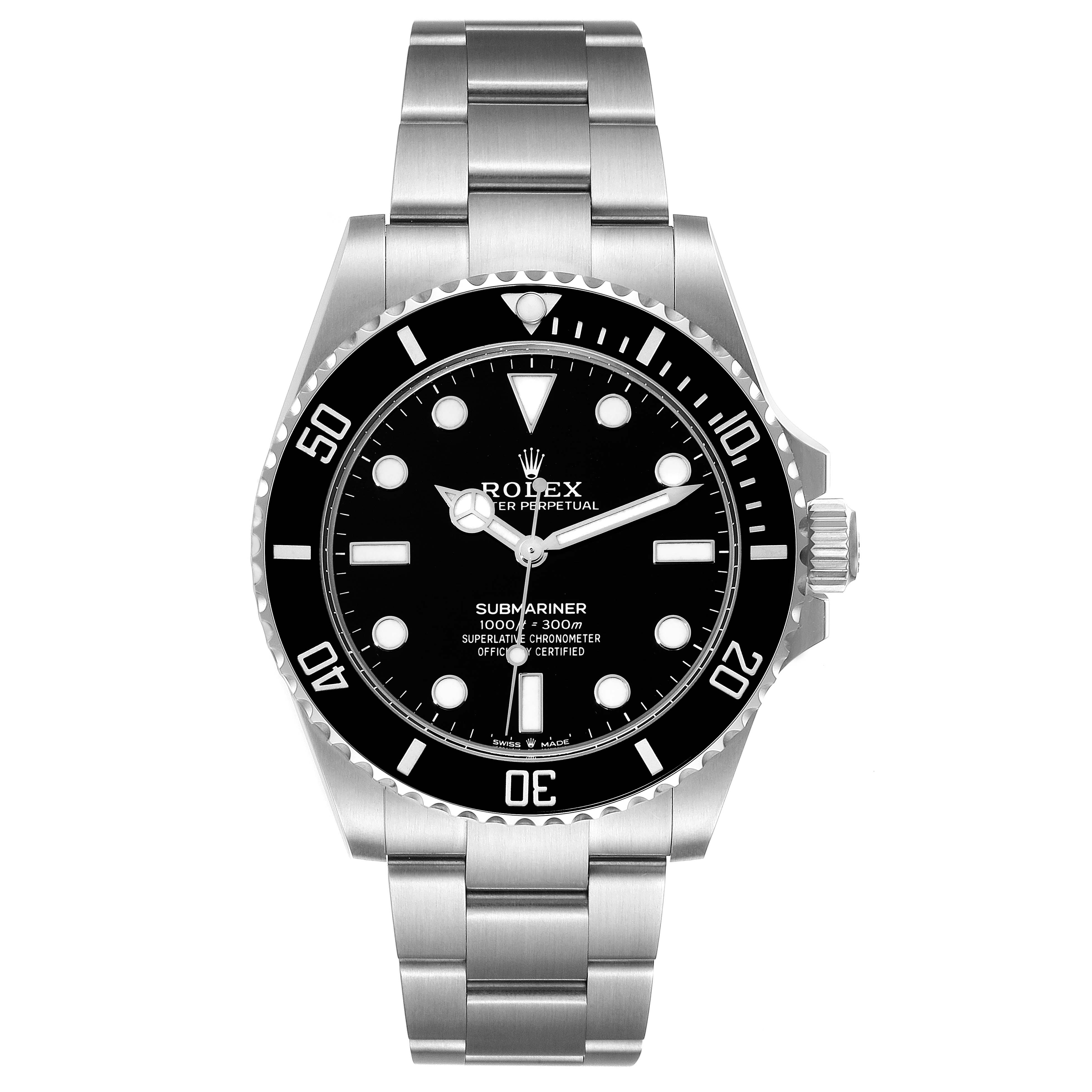 The image shows a front view of a Rolex Submariner 124060 Men
s Stainless Steel Black Dial 124060 Men
s Stainless Steel Black Dial watch, displaying the face and metal bracelet.