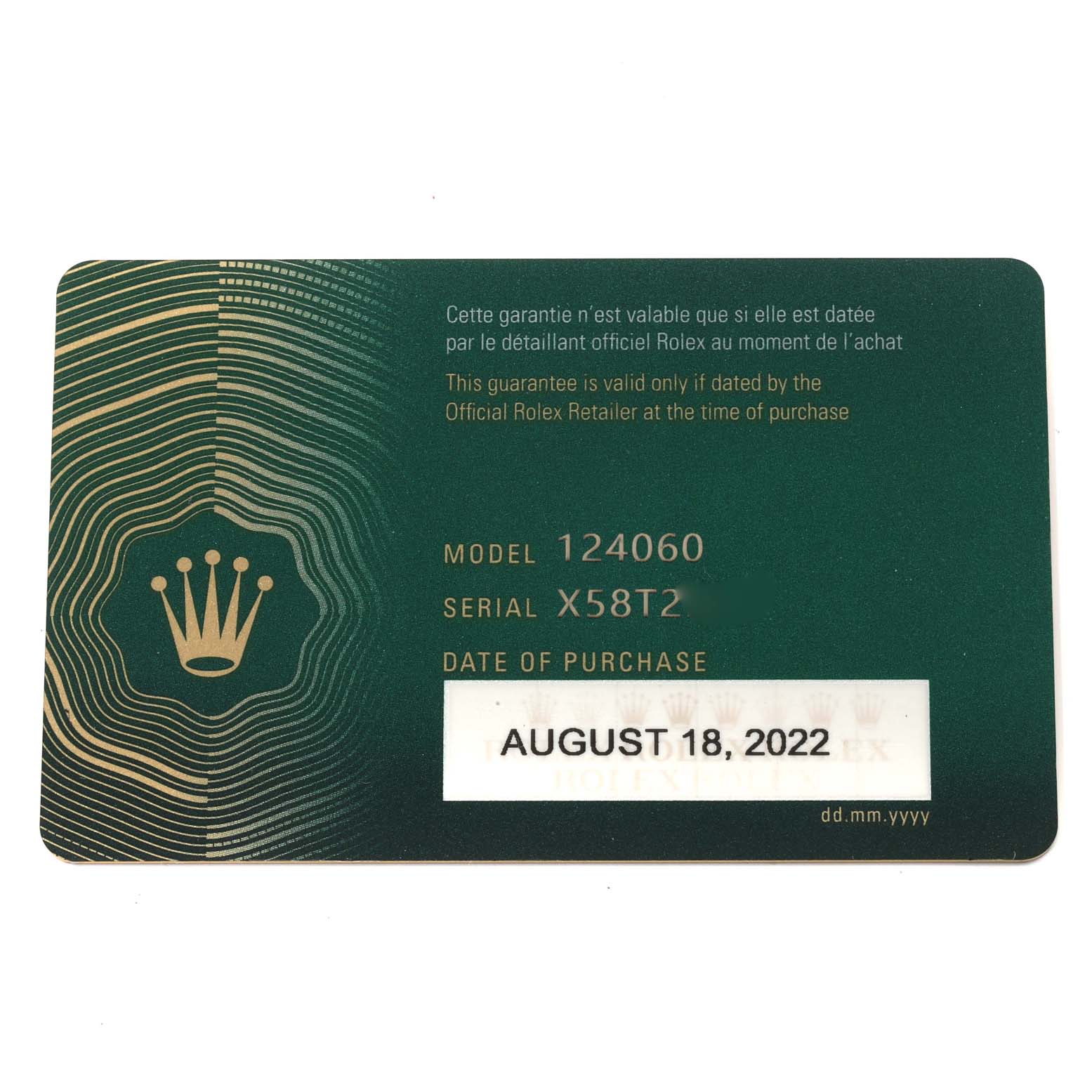 The image shows a warranty card for a Rolex Submariner 124060 Men
s Stainless Steel Black Dial 124060 Men
s Stainless Steel Black Dial model 124060 with date of purchase August 18, 2022.