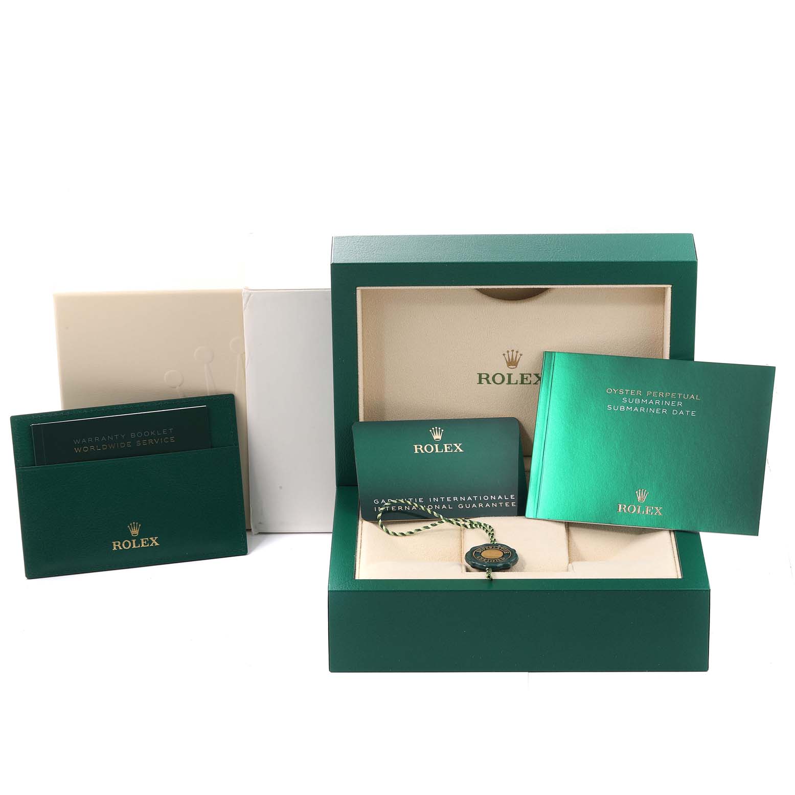 The image shows the packaging, warranty booklet, and guarantee card for a Rolex Submariner 124060 Men
s Stainless Steel Black Dial 124060 Men
s Stainless Steel Black Dial watch.