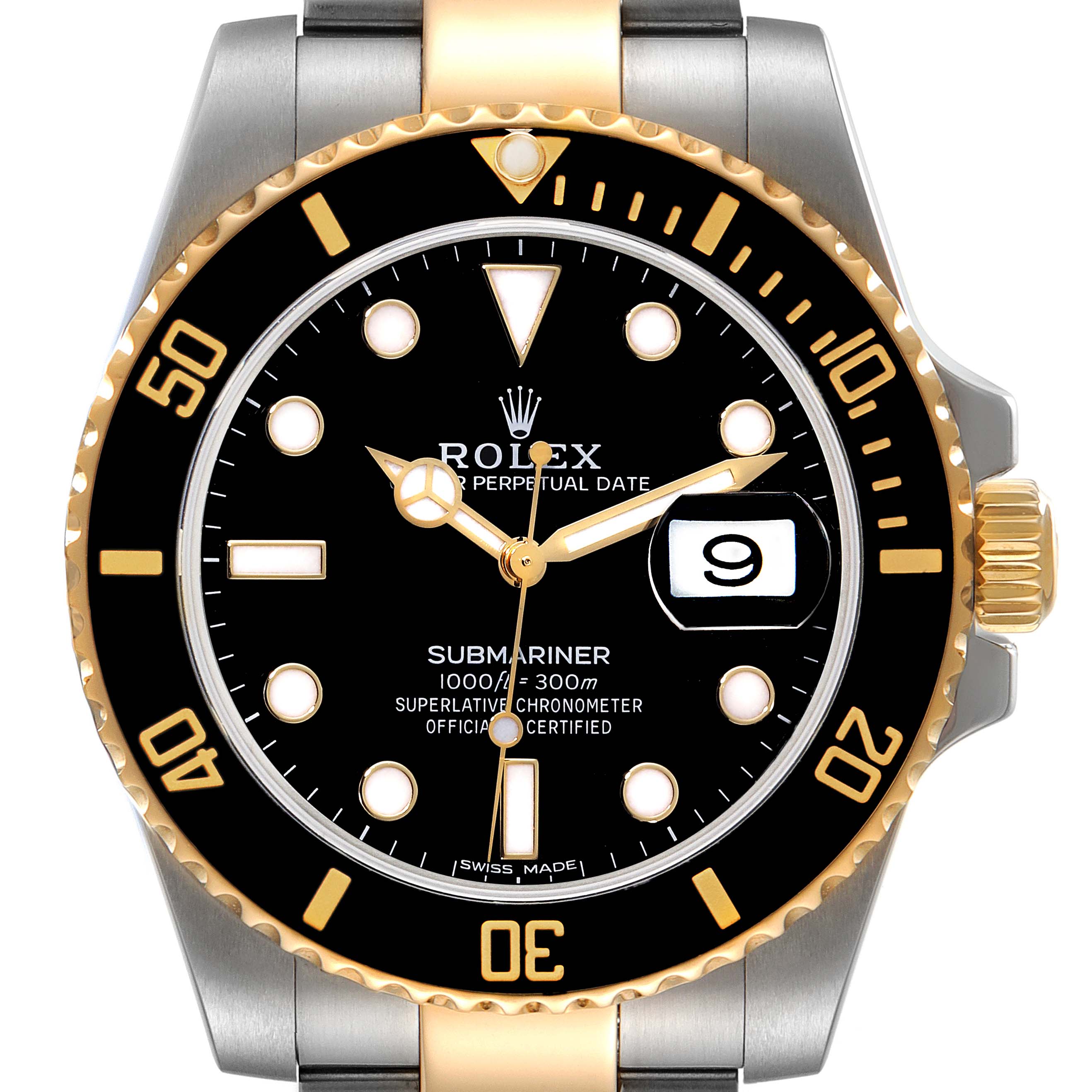 The image shows a front view of a Rolex Submariner 116613 Men's Steel and Gold (two tone) Black Dial 116613 Men's Steel and Gold (two tone) Black Dial watch featuring a black dial, date window, and a two-tone gold and silver bezel.