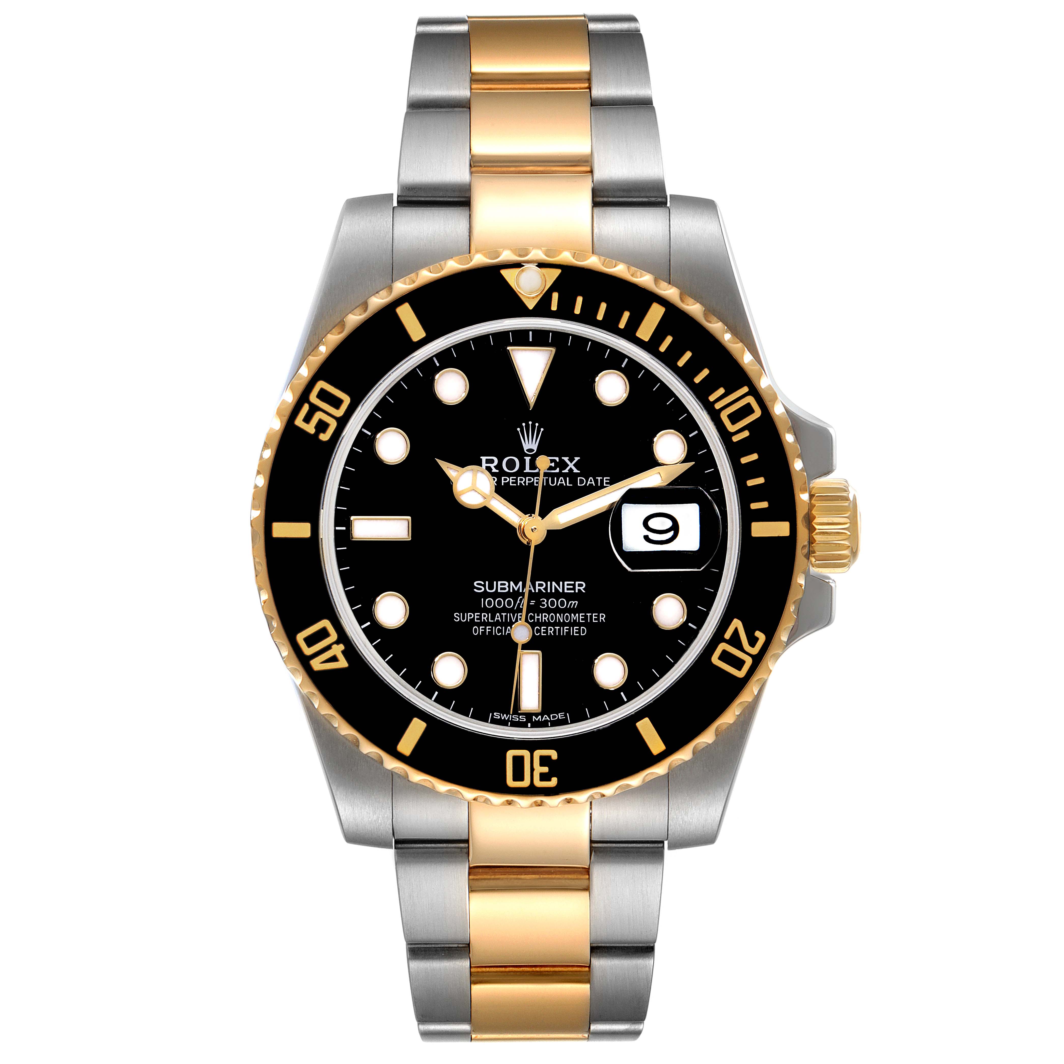 The Rolex Submariner 116613 Men's Steel and Gold (two tone) Black Dial 116613 Men's Steel and Gold (two tone) Black Dial watch is shown from the front, displaying the dial, bezel, and two-tone bracelet.