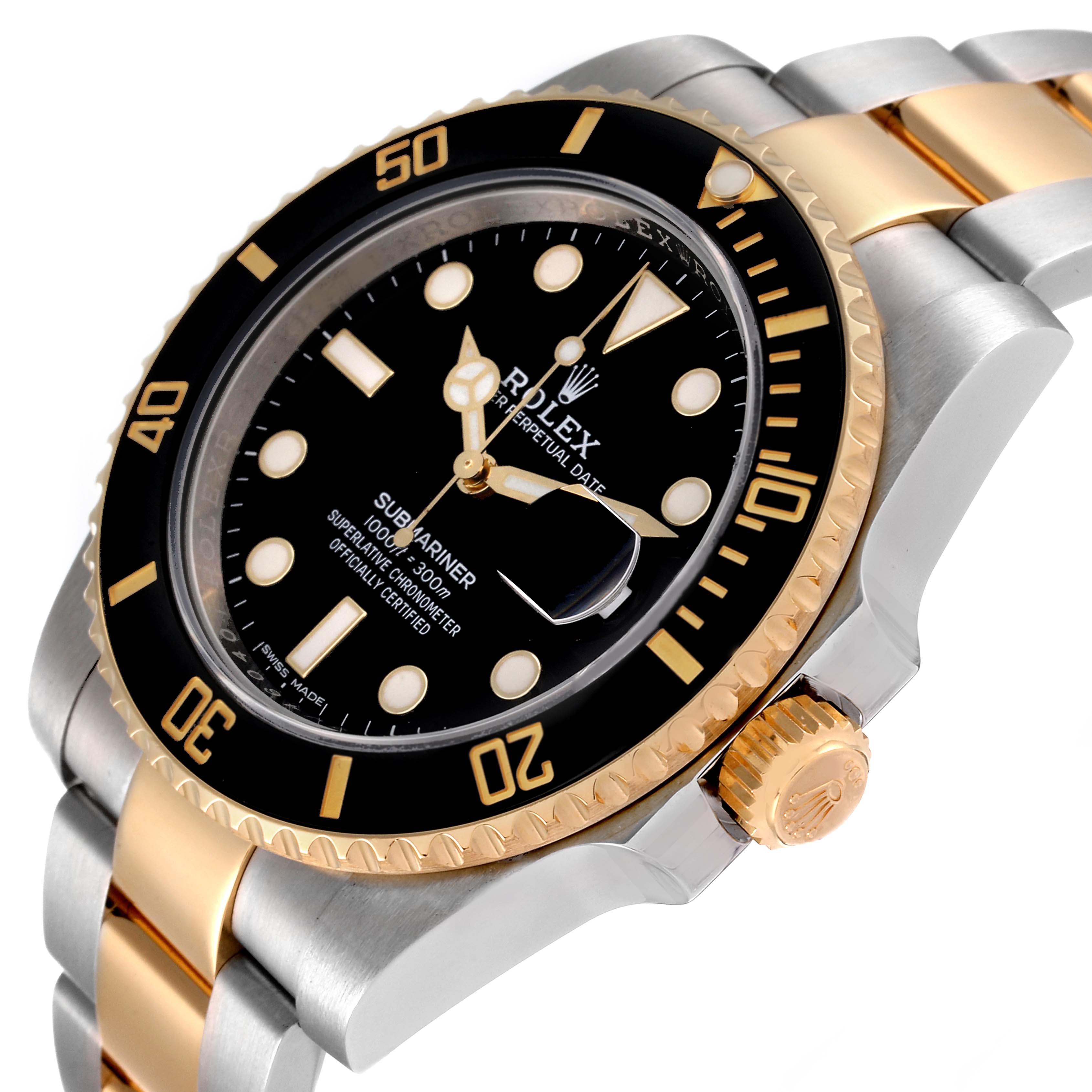 This image shows a close-up angled view of the Rolex Submariner 116613 Men's Steel and Gold (two tone) Black Dial 116613 Men's Steel and Gold (two tone) Black Dial watch, highlighting its bezel, dial, crown, and bracelet.
