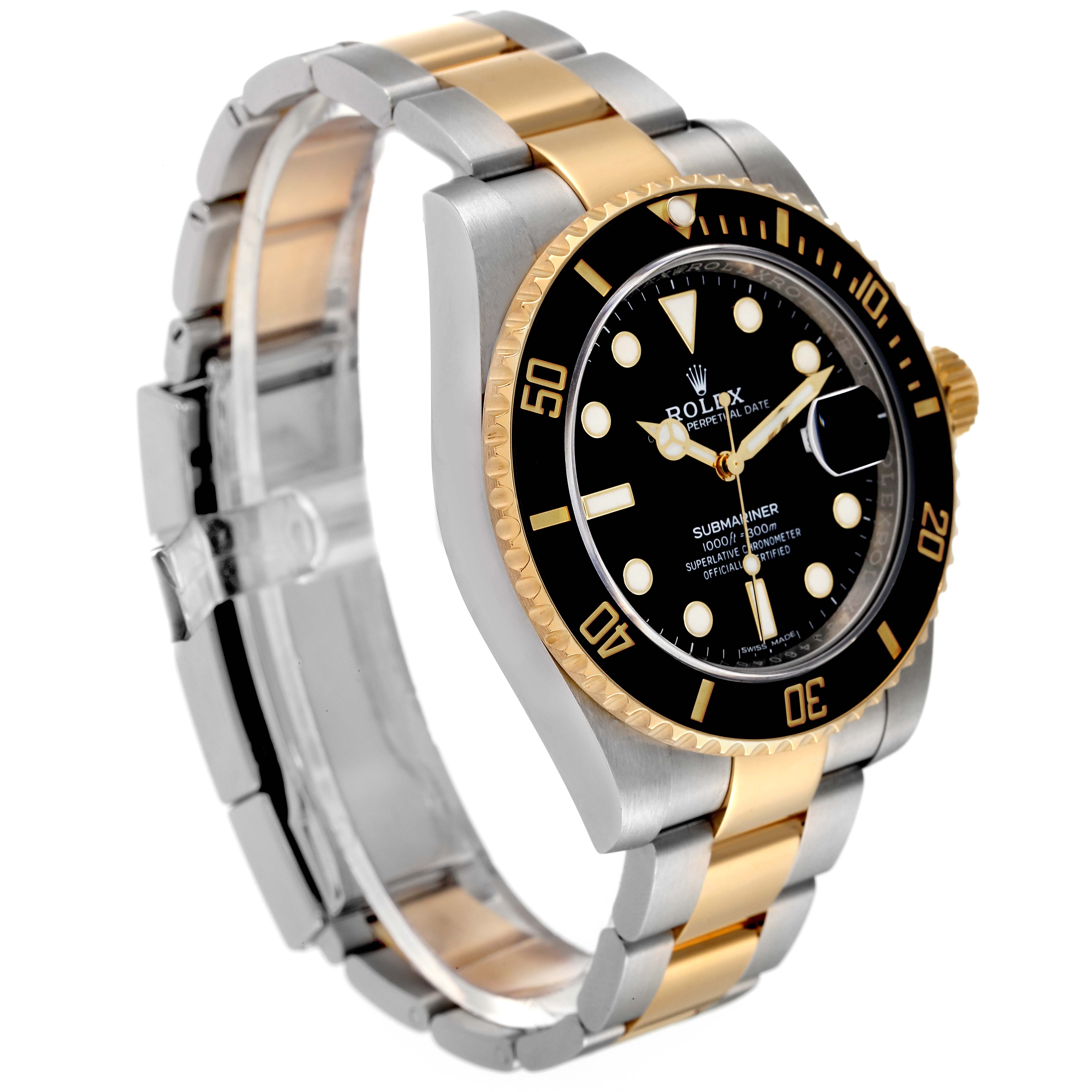 The Rolex Submariner 116613 Men's Steel and Gold (two tone) Black Dial 116613 Men's Steel and Gold (two tone) Black Dial watch is shown at an angled side view, highlighting the two-tone bracelet, black bezel, and crown.