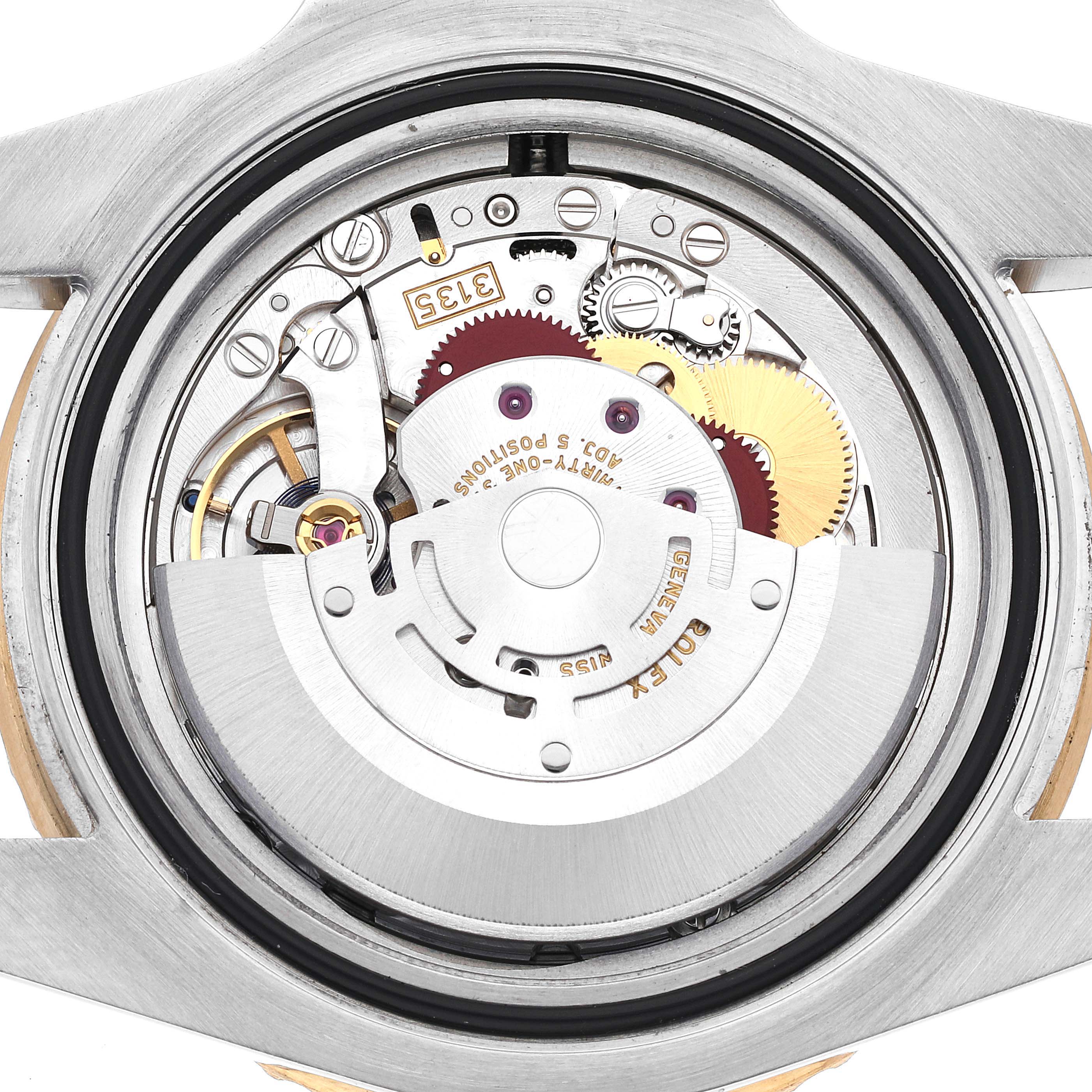 This image shows the internal mechanism of a Rolex Submariner 116613 Men's Steel and Gold (two tone) Black Dial 116613 Men's Steel and Gold (two tone) Black Dial watch from the back, highlighting gears and the rotor.