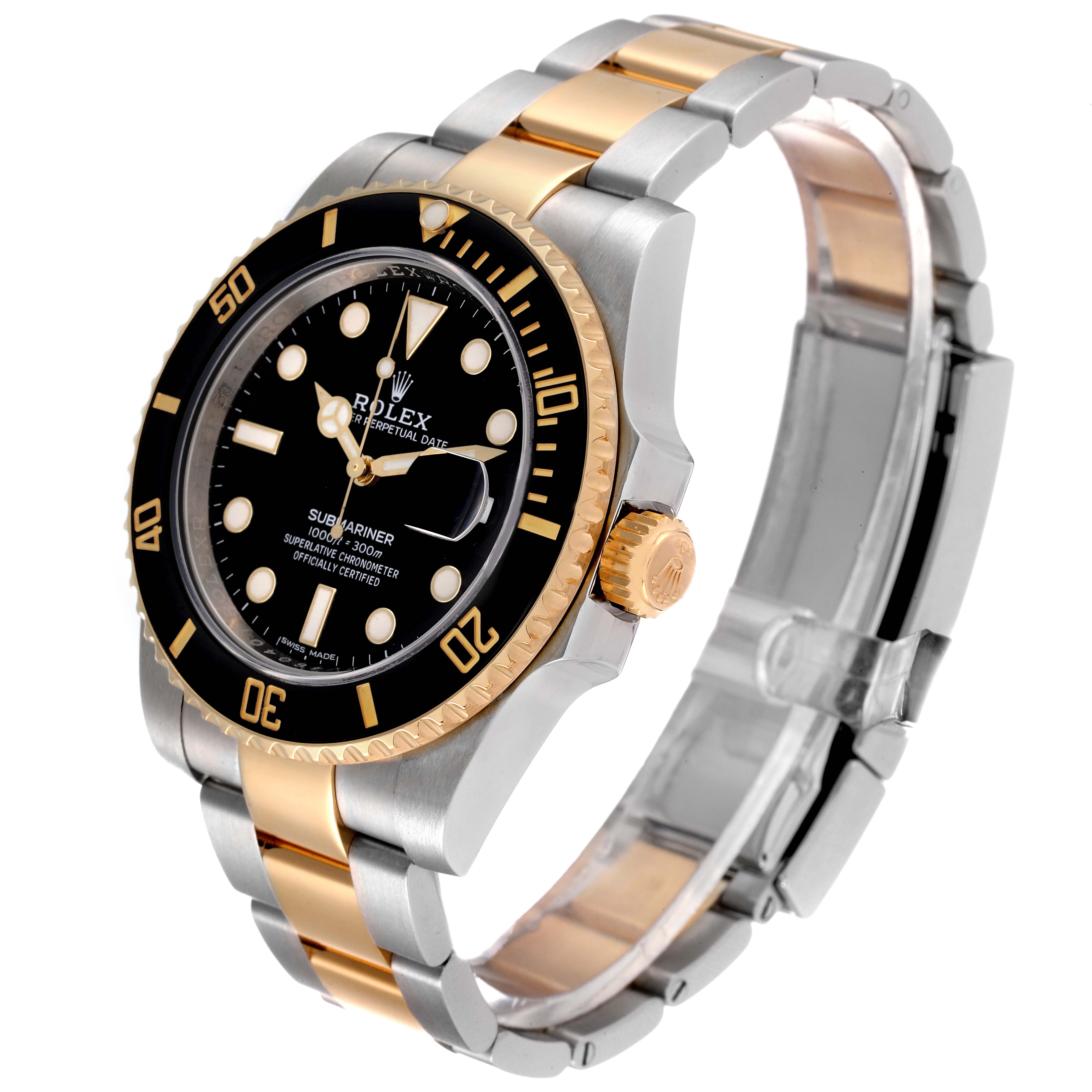 This image shows a Rolex Submariner 116613 Men's Steel and Gold (two tone) Black Dial 116613 Men's Steel and Gold (two tone) Black Dial watch at an oblique angle highlighting the bezel, crown, dial, and two-tone bracelet.