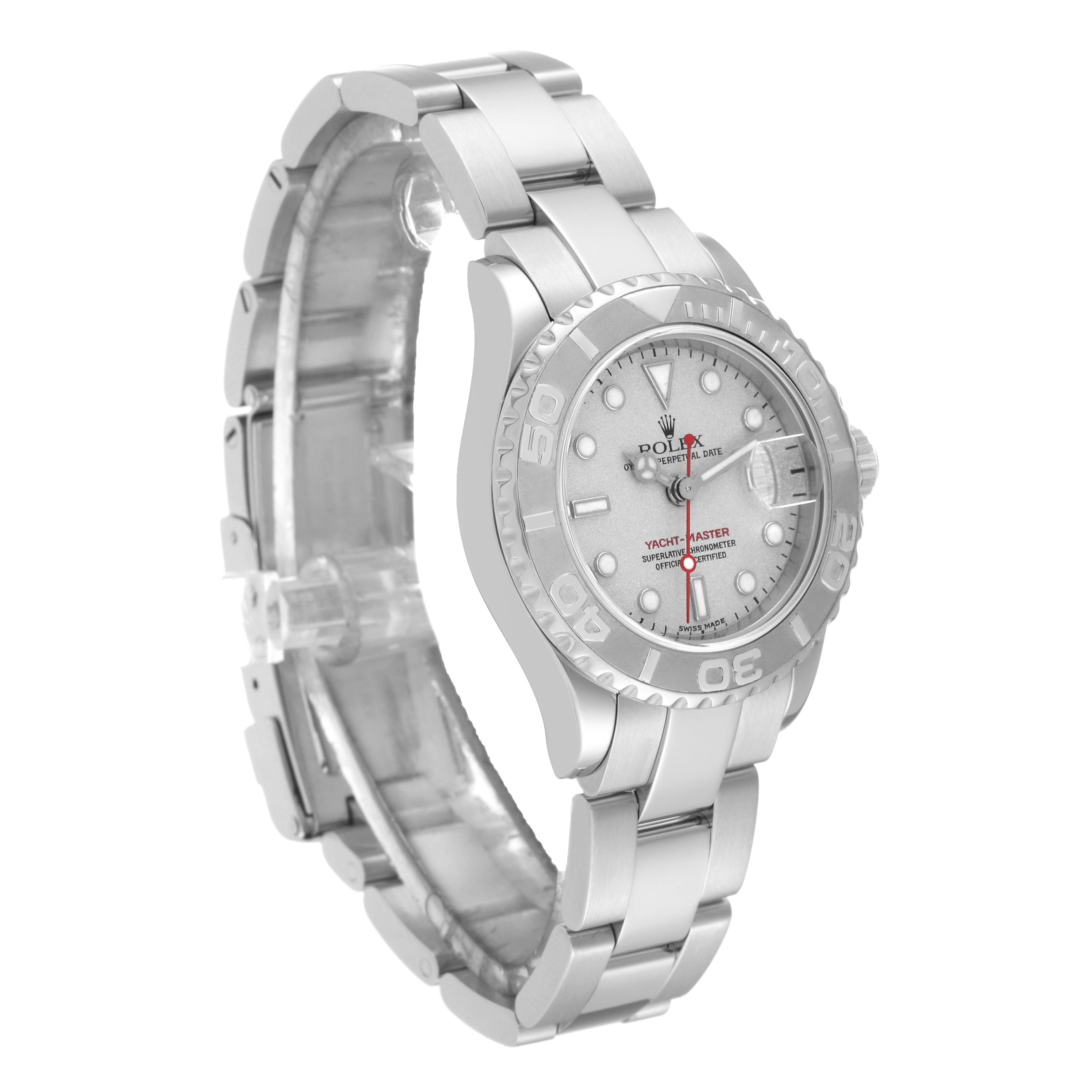 This is a side and front view of the Rolex Yacht-Master 169622 Women
s Stainless Steel Silver Dial 169622 Women
s Stainless Steel Silver Dial watch, showing the bracelet, bezel, and dial.