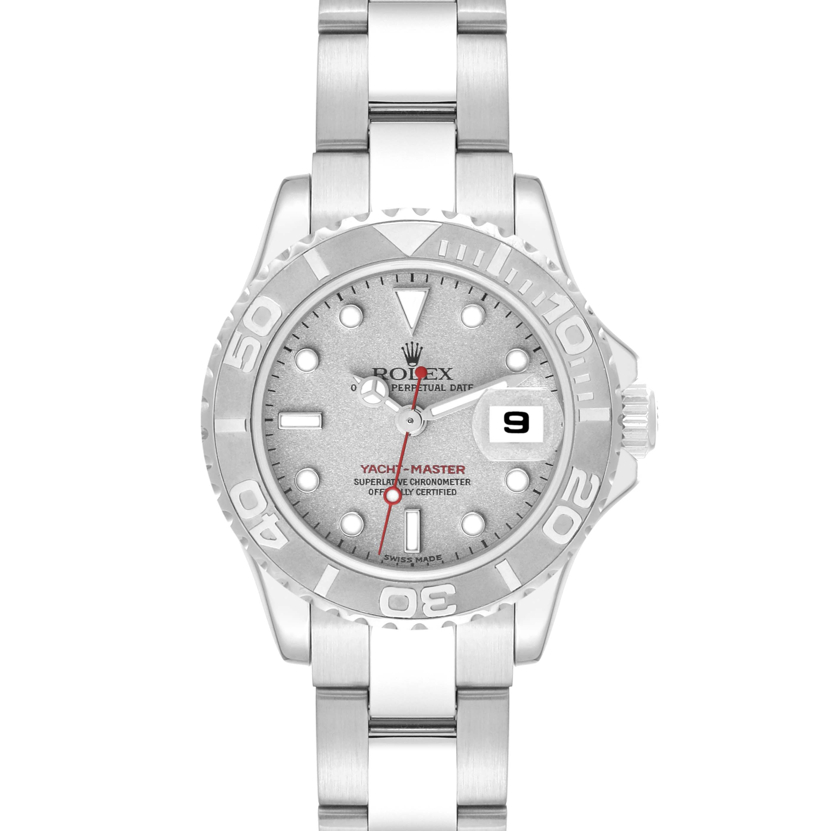 The Rolex Yacht-Master 169622 Women
s Stainless Steel Silver Dial 169622 Women
s Stainless Steel Silver Dial watch is shown from a front angle, highlighting its face, bezel, crown, and bracelet.