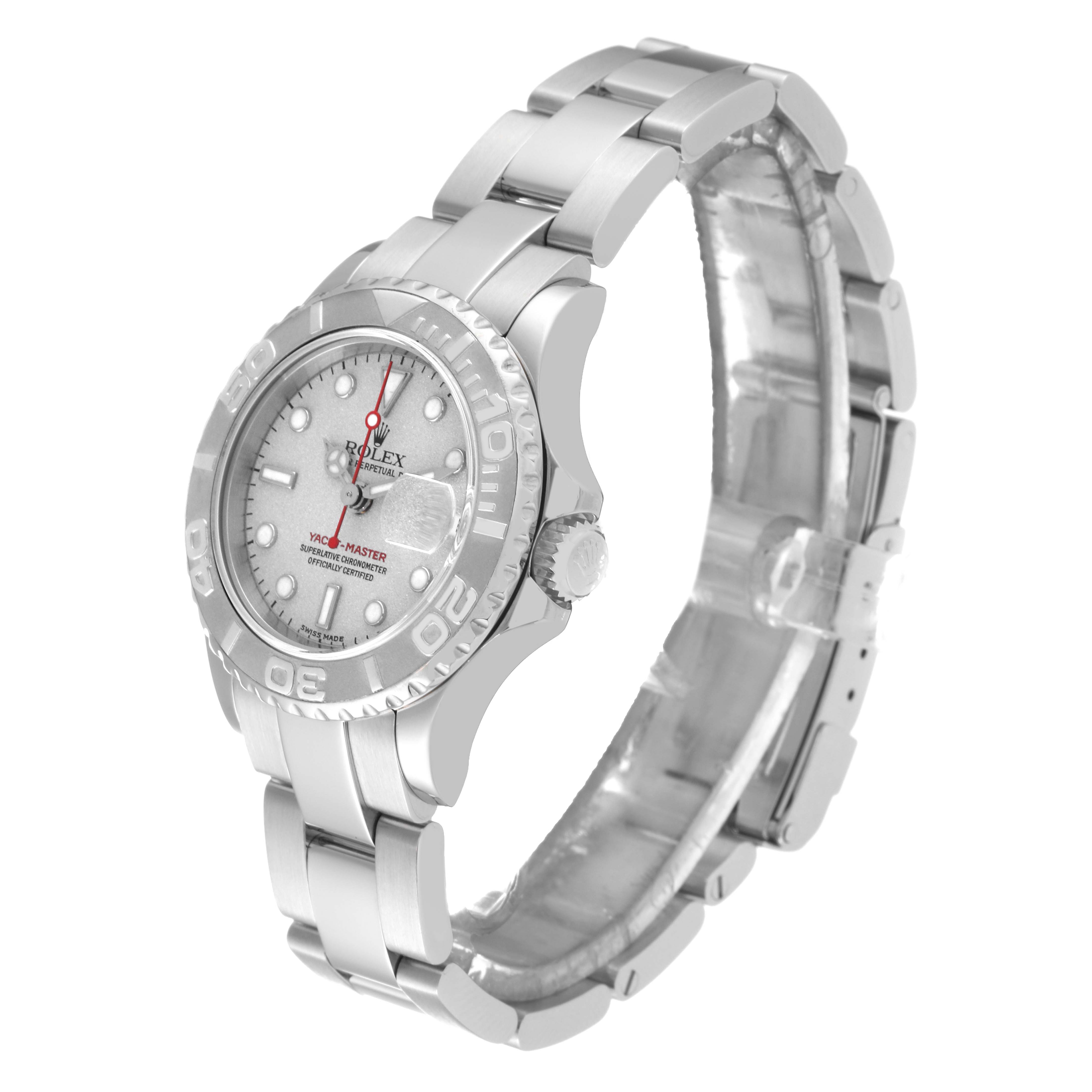 This image shows the Rolex Yacht-Master 169622 Women
s Stainless Steel Silver Dial 169622 Women
s Stainless Steel Silver Dial watch from an angled side view, highlighting the dial, bezel, and part of the bracelet.