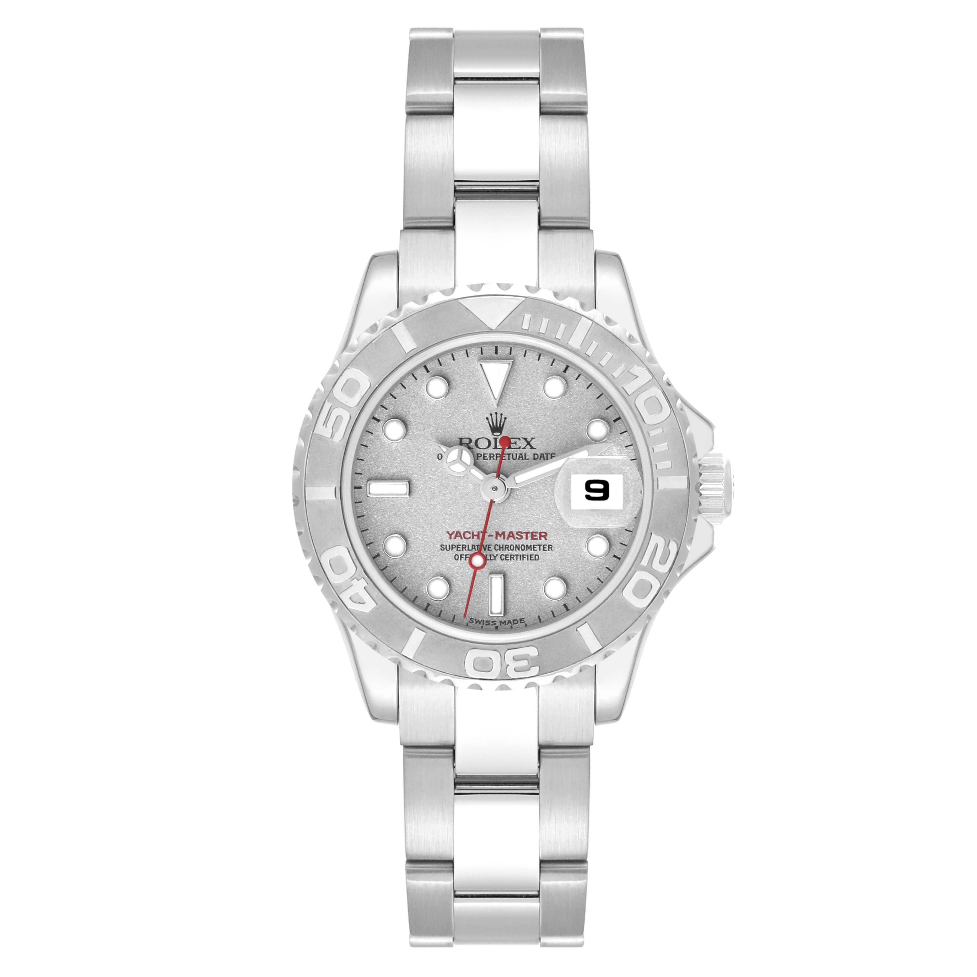 The image shows a front view of a Rolex Yacht-Master 169622 Women
s Stainless Steel Silver Dial 169622 Women
s Stainless Steel Silver Dial watch, displaying the dial, bezel, and part of the bracelet.