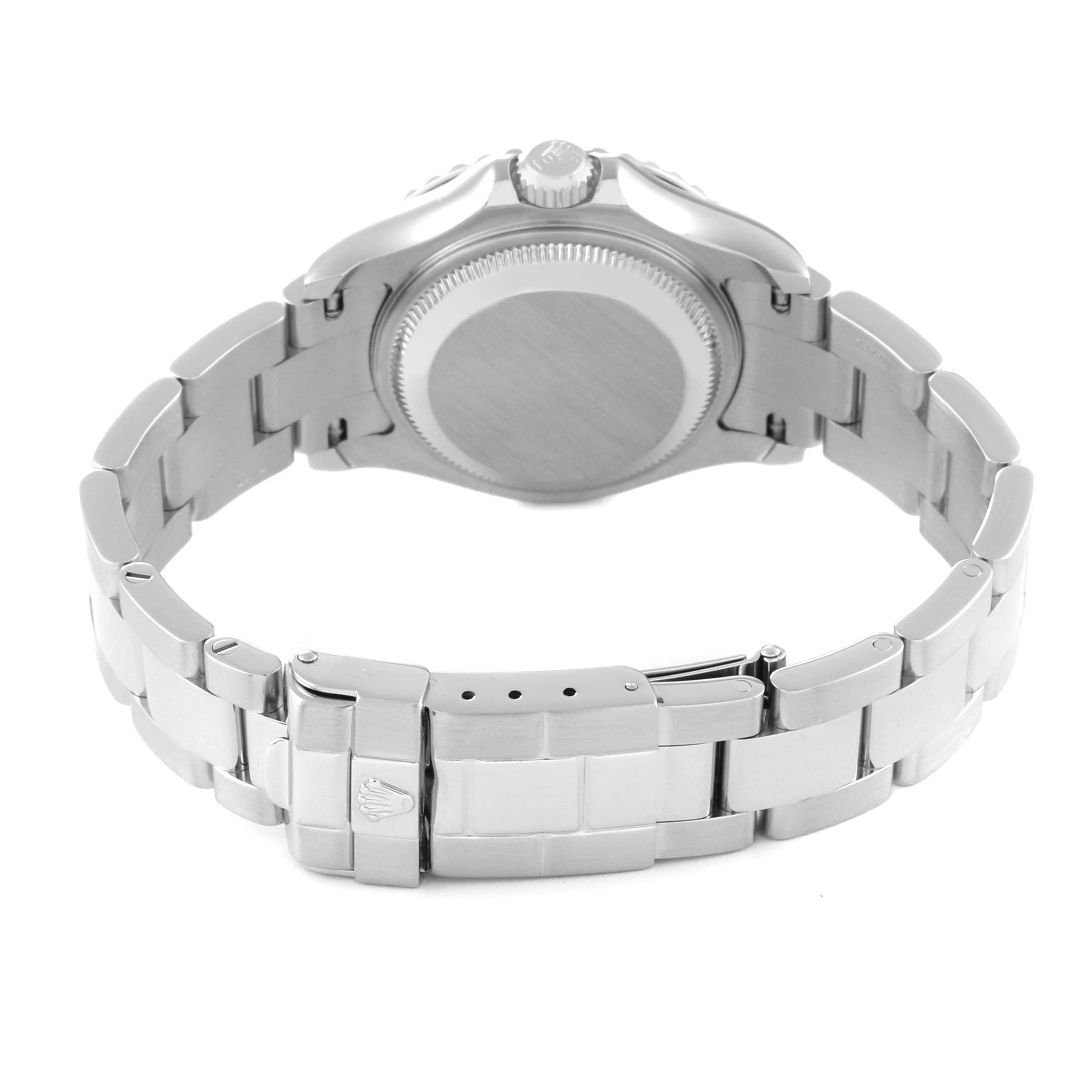This image shows the rear side of the Rolex Yacht-Master 169622 Women
s Stainless Steel Silver Dial 169622 Women
s Stainless Steel Silver Dial watch, highlighting the case back and the bracelet with the clasp.