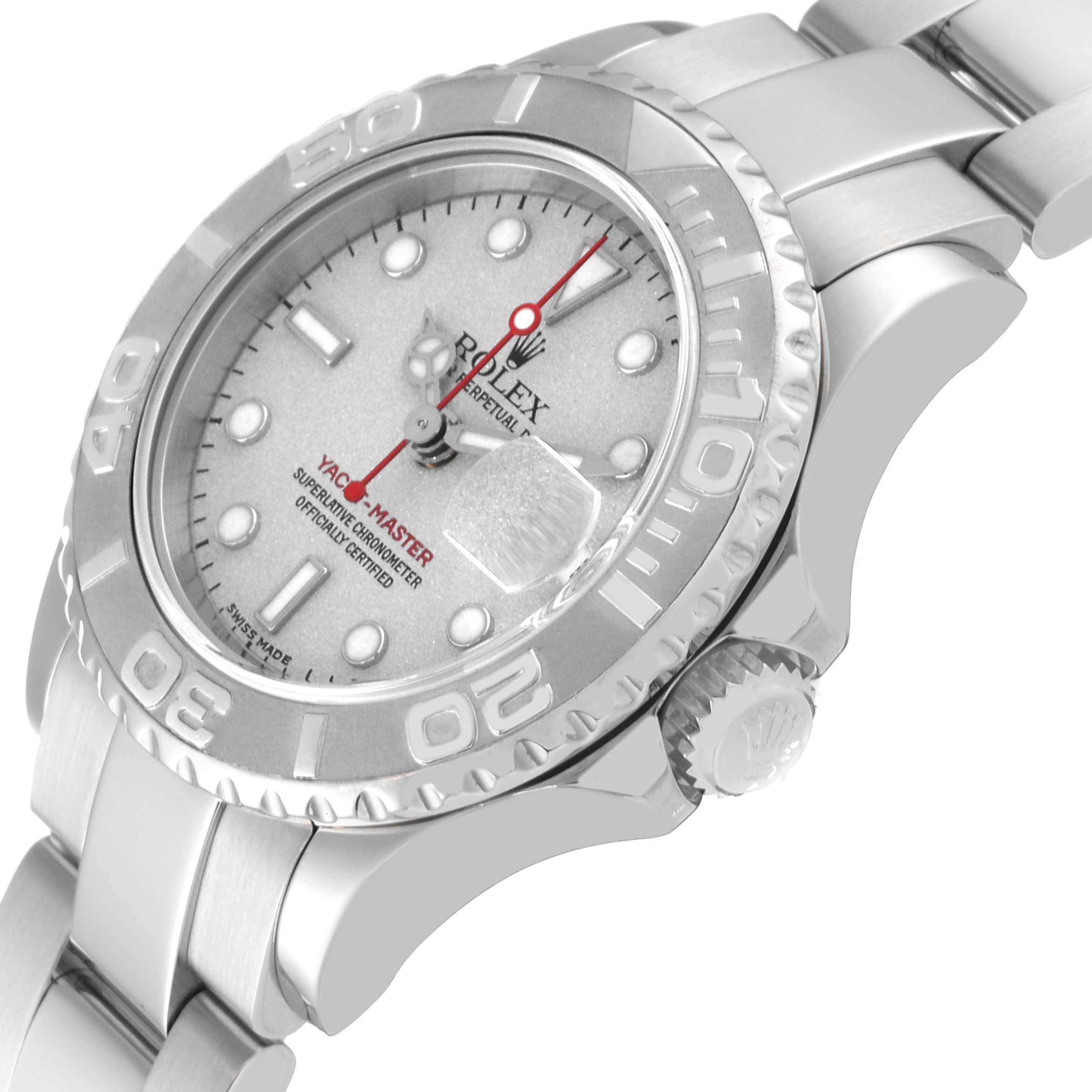 This image shows the Rolex Yacht-Master 169622 Women
s Stainless Steel Silver Dial 169622 Women
s Stainless Steel Silver Dial watch from a front-side angle, highlighting the dial, bezel, and crown.