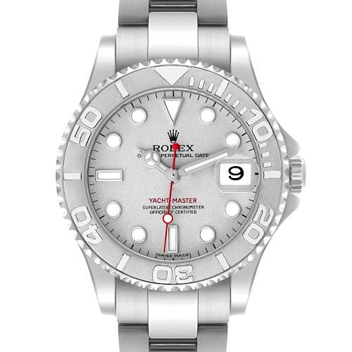 The Rolex Yacht-Master watch is shown from a front angle, highlighting its dial, bezel, and bracelet.