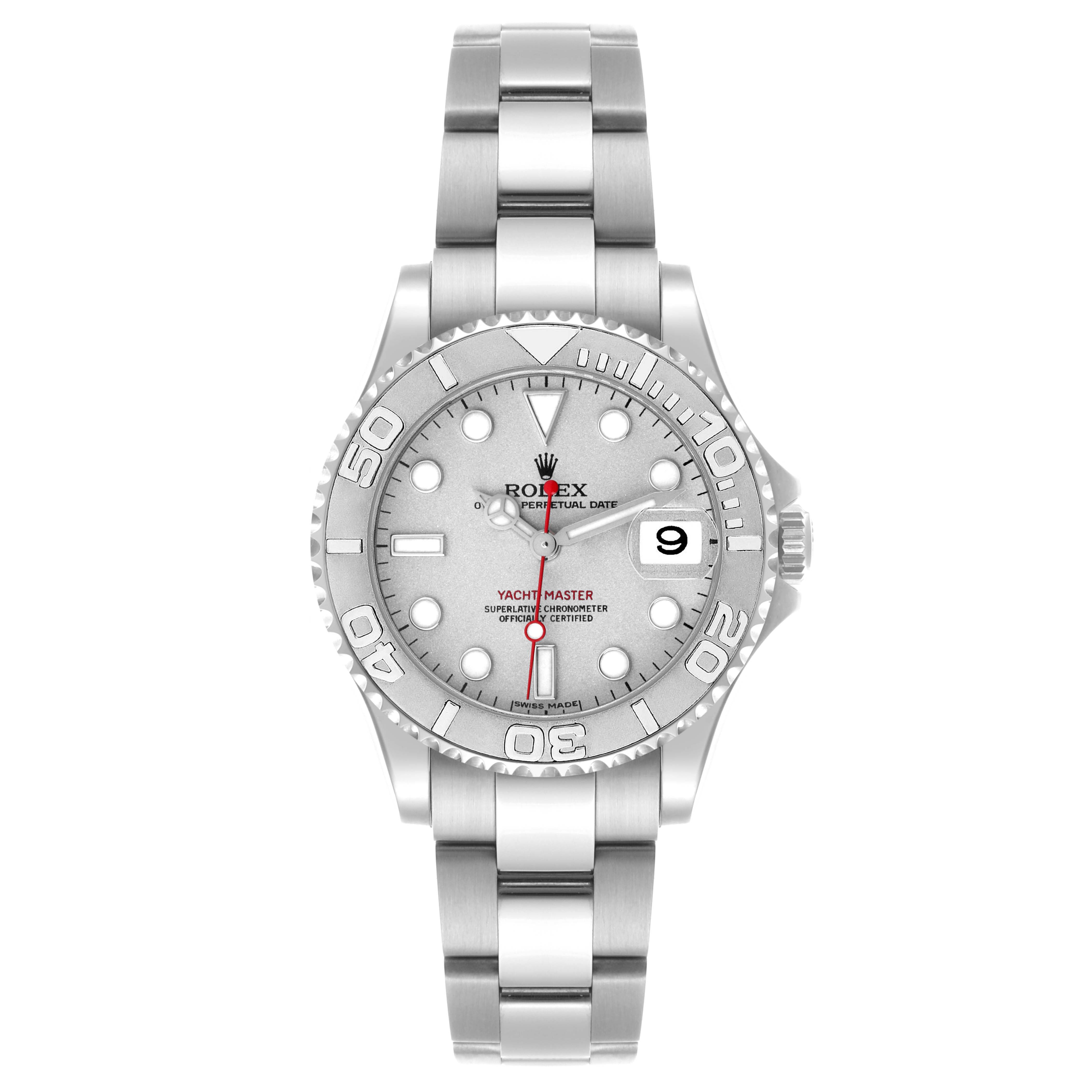 The Rolex Yacht-Master 168622 Men
s Stainless Steel Silver Dial 168622 Men
s Stainless Steel Silver Dial watch is shown from the front, highlighting the dial, bezel, and bracelet.