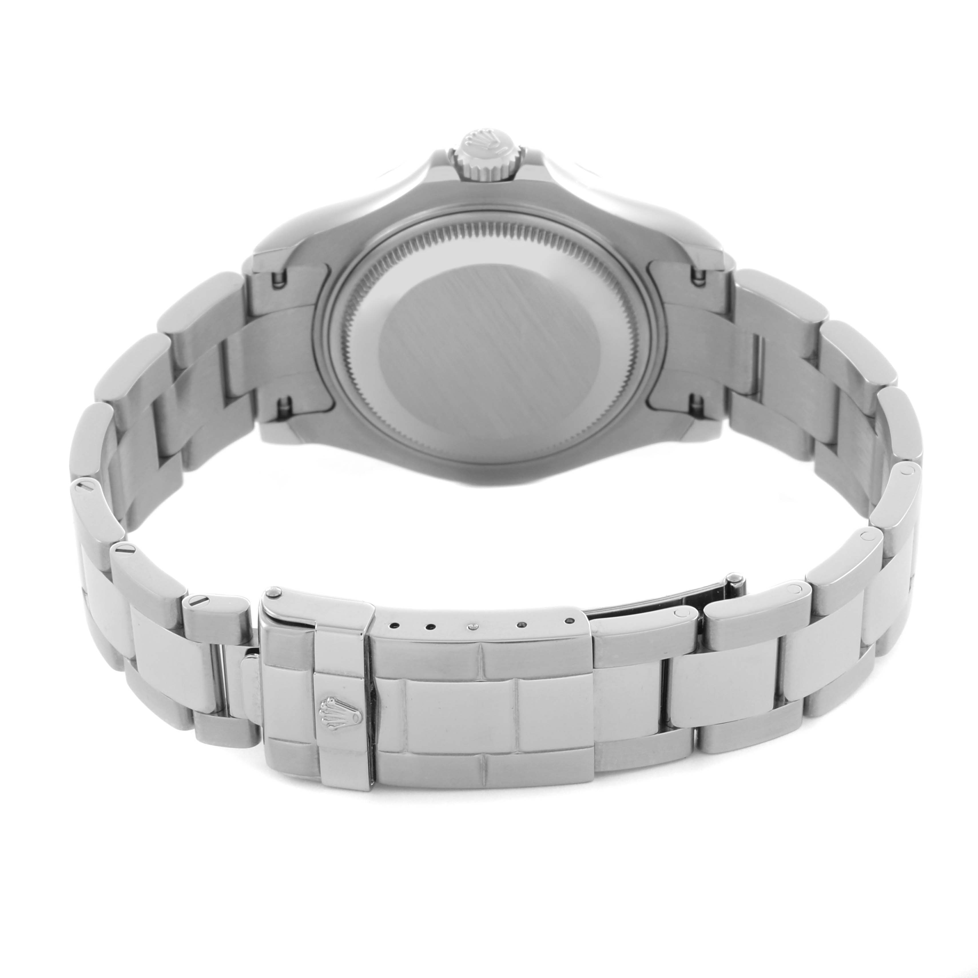 The image shows the back and bracelet clasp of a Rolex Yacht-Master 168622 Men
s Stainless Steel Silver Dial 168622 Men
s Stainless Steel Silver Dial watch from a rear angle.