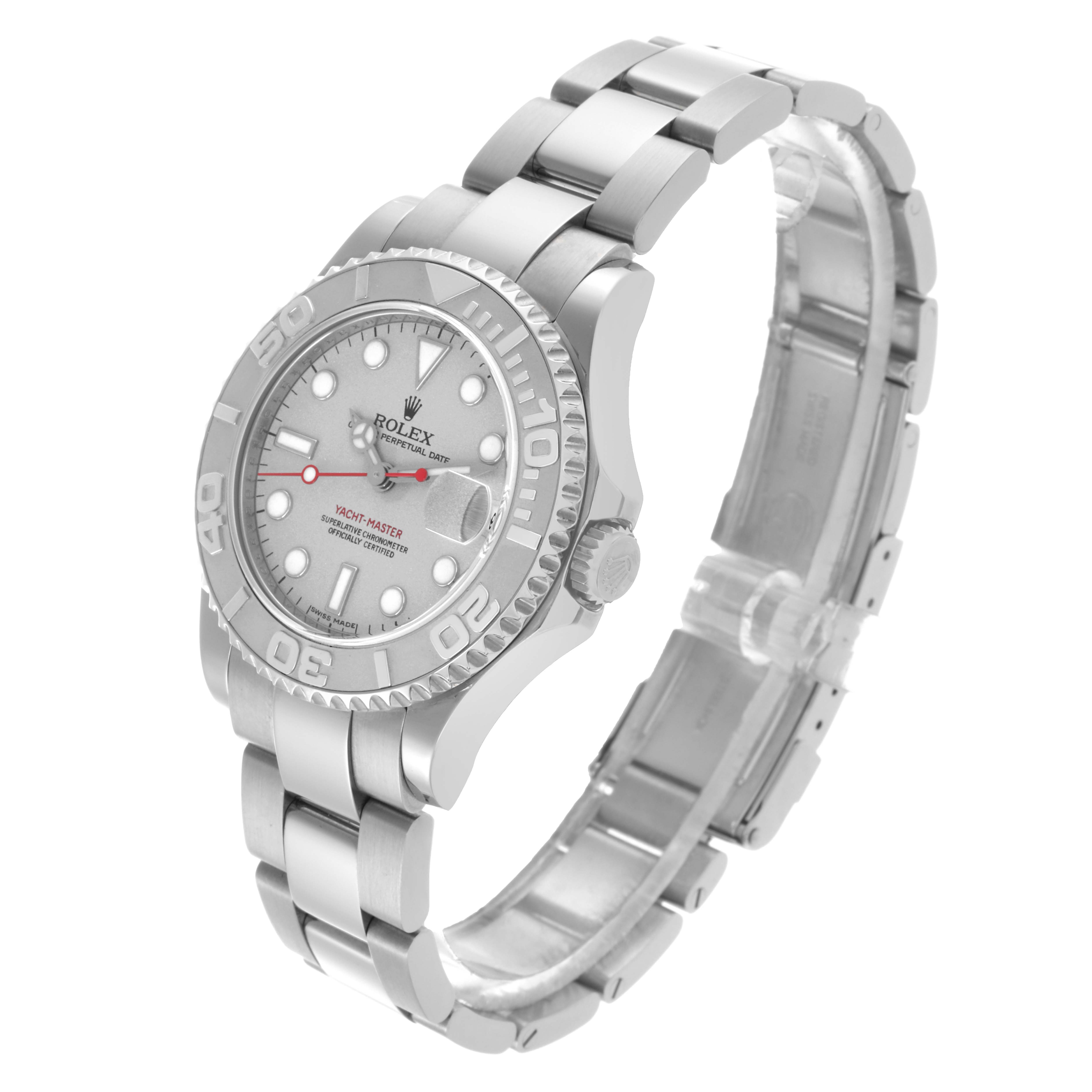 The Rolex Yacht-Master 168622 Men
s Stainless Steel Silver Dial 168622 Men
s Stainless Steel Silver Dial watch is shown at a three-quarter angle, highlighting the bezel, dial, bracelet, and crown.