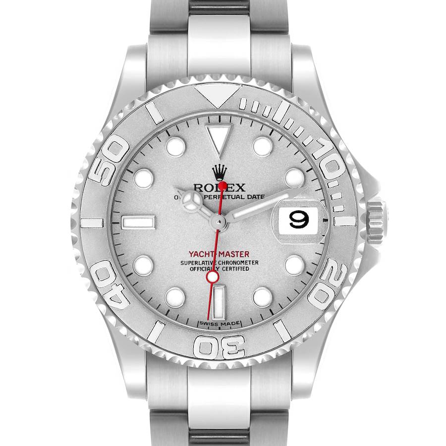 The Rolex Yacht-Master watch is shown from a front angle displaying its dial, bezel, and bracelet.