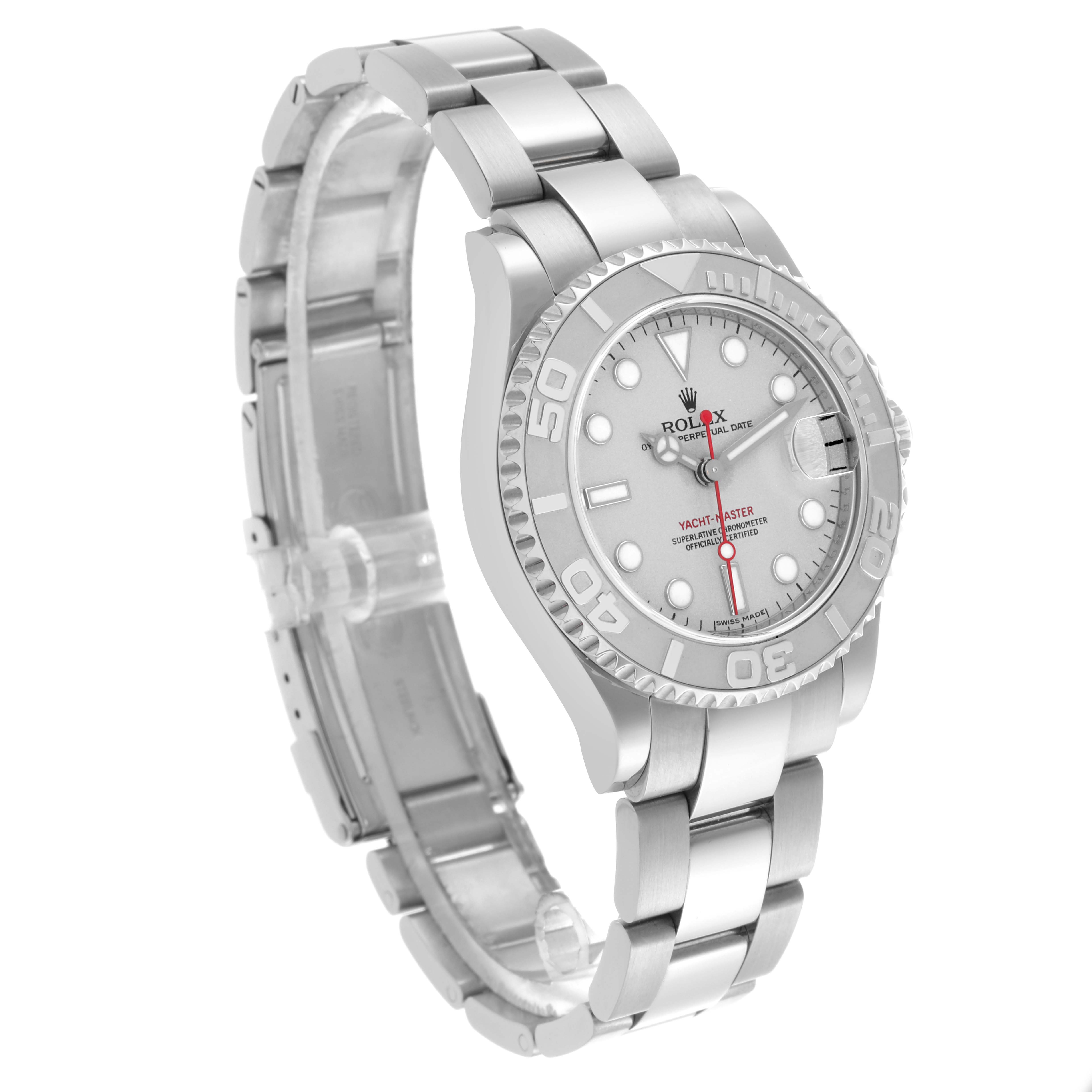 The Rolex Yacht-Master 168622 Men
s Stainless Steel Silver Dial 168622 Men
s Stainless Steel Silver Dial watch is shown at a three-quarter angle, displaying the face, bezel, and bracelet clearly.