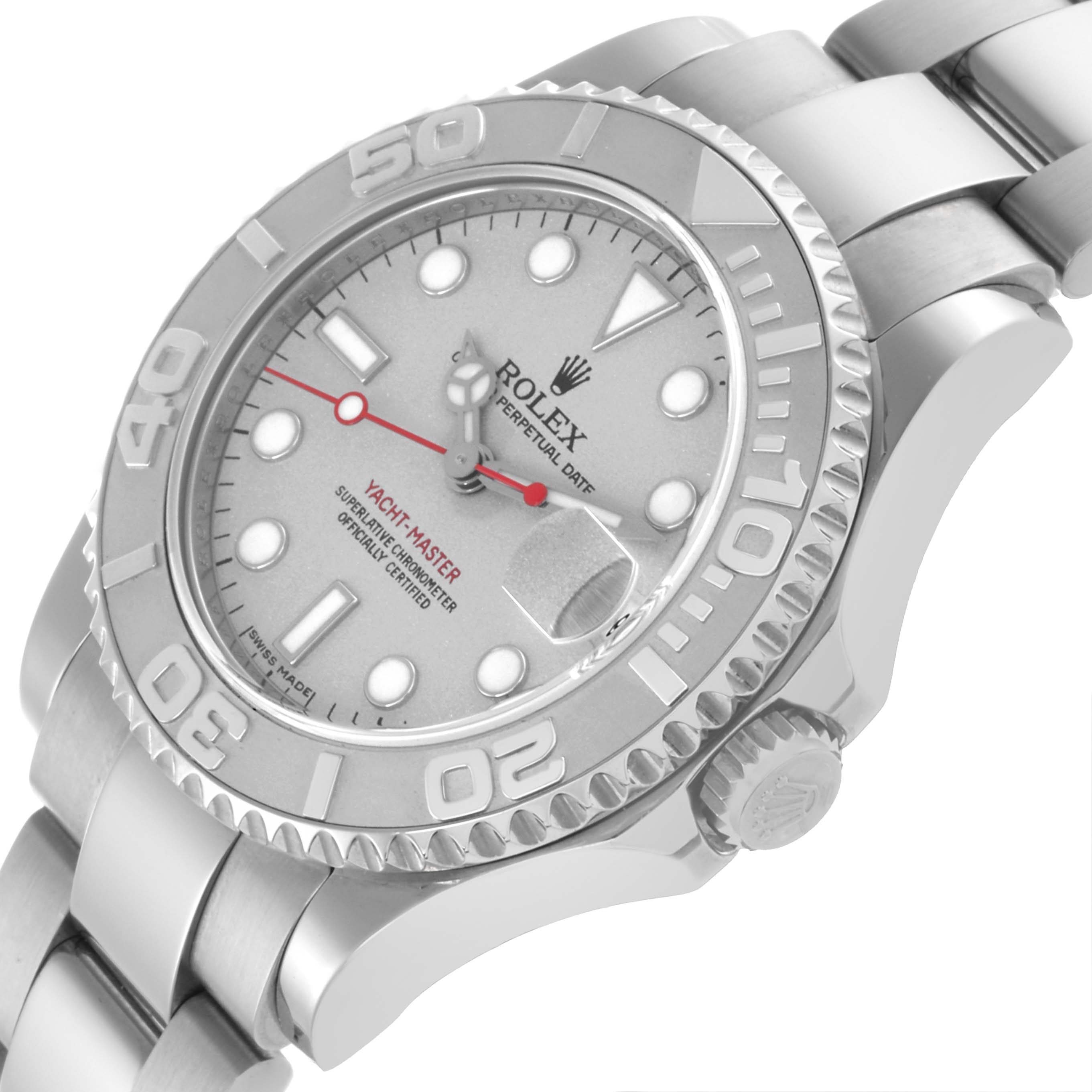The Rolex Yacht-Master 168622 Men
s Stainless Steel Silver Dial 168622 Men
s Stainless Steel Silver Dial watch is shown at an angle displaying the face, bezel, crown, and part of the bracelet.
