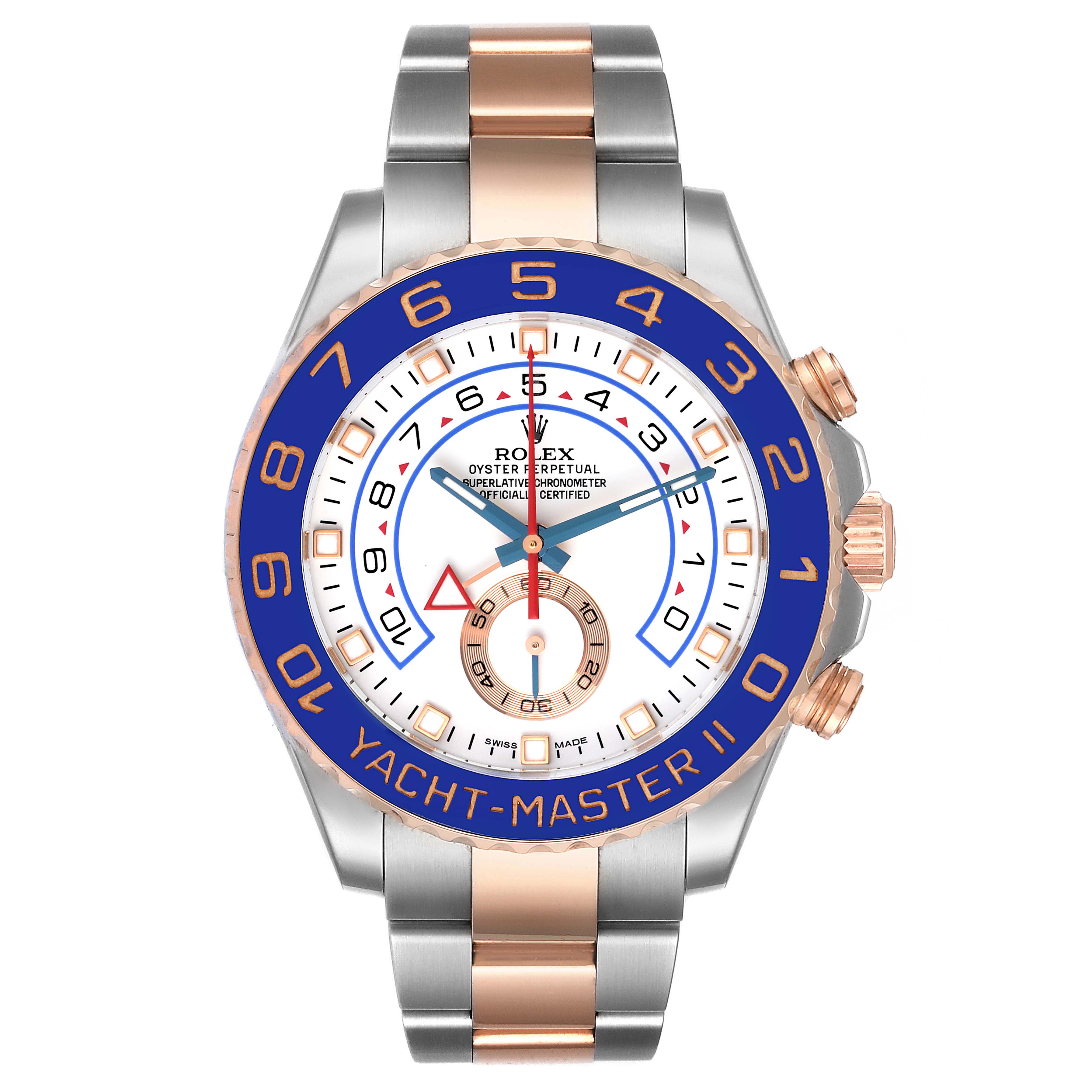 The image shows a frontal view of the Rolex Yacht-Master 116681 Men's Steel and Gold (two tone) White Dial 116681 Men's Steel and Gold (two tone) White Dial II watch, including the face, bezel, and bracelet.
