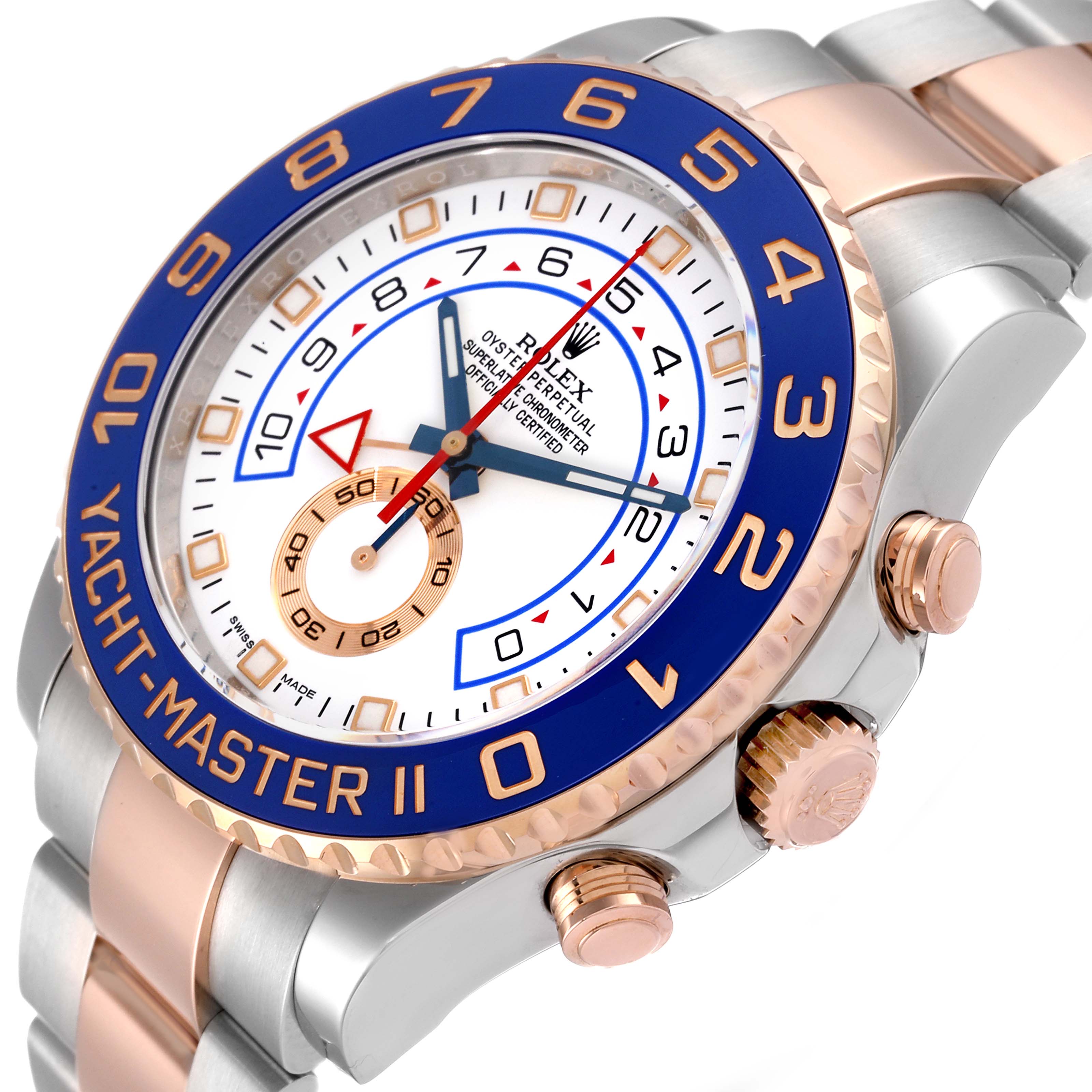 The image shows a Rolex Yacht-Master 116681 Men's Steel and Gold (two tone) White Dial 116681 Men's Steel and Gold (two tone) White Dial II watch from an angled view, highlighting the dial, bezel, and crown.
