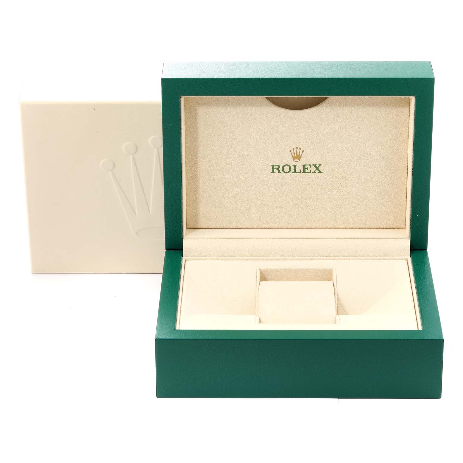 The image shows an open green and beige Rolex box for the Yacht-Master model, displaying the inner compartments and the outer cover.
