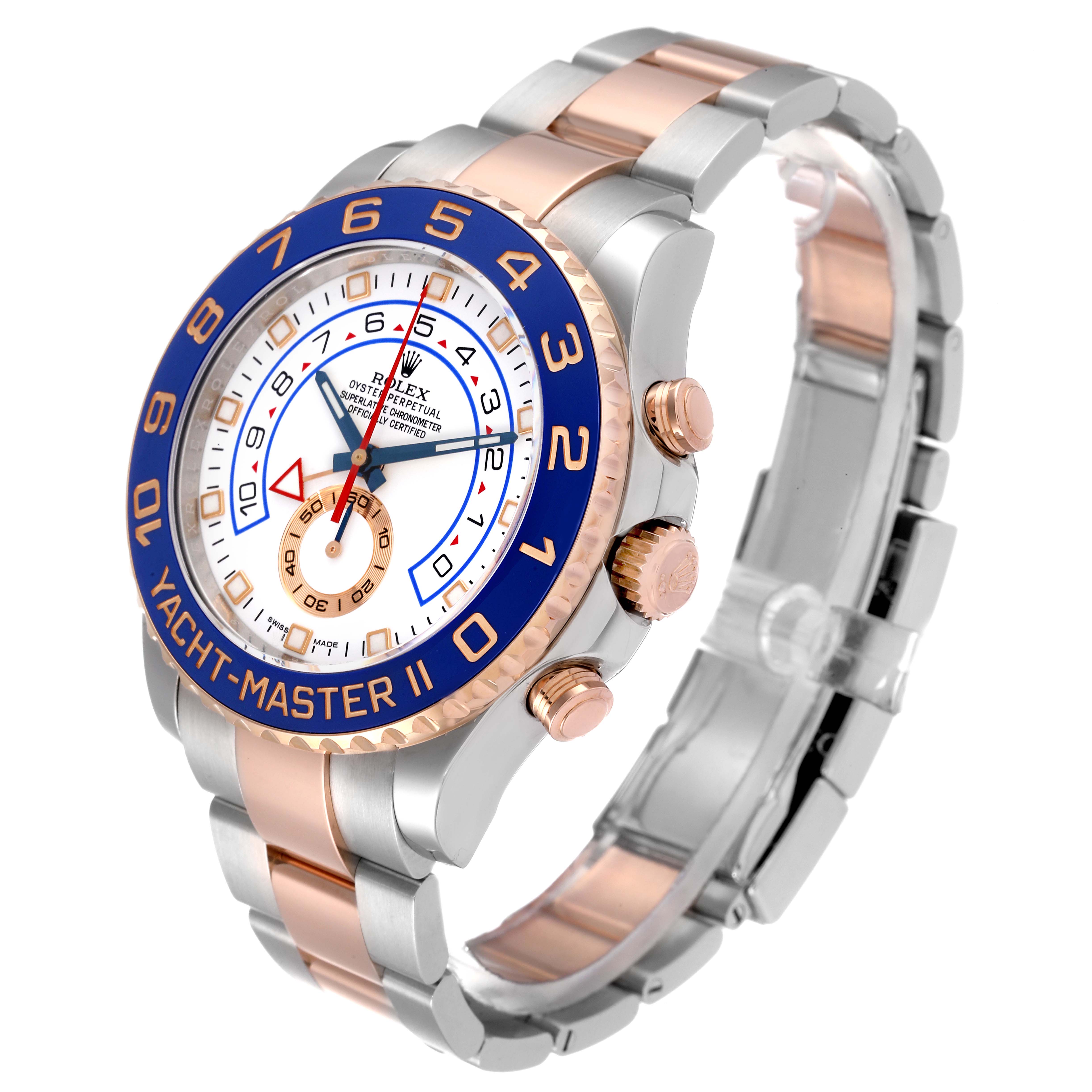 The image shows a Rolex Yacht-Master 116681 Men's Steel and Gold (two tone) White Dial 116681 Men's Steel and Gold (two tone) White Dial II watch angled to highlight the dial, bezel, and bracelet.