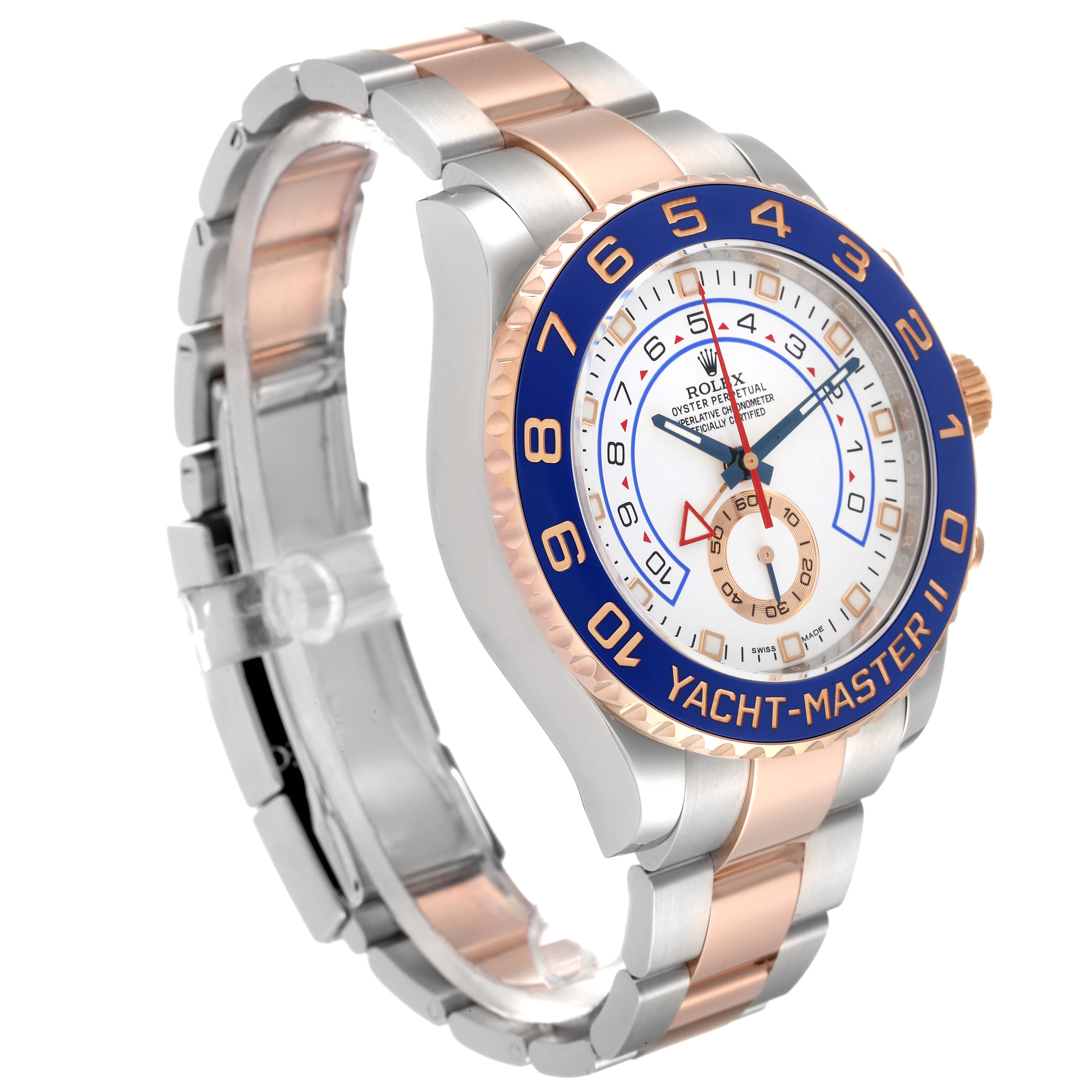 The Rolex Yacht-Master 116681 Men's Steel and Gold (two tone) White Dial 116681 Men's Steel and Gold (two tone) White Dial watch is shown from a three-quarter angle, displaying the face, bezel, and bracelet.