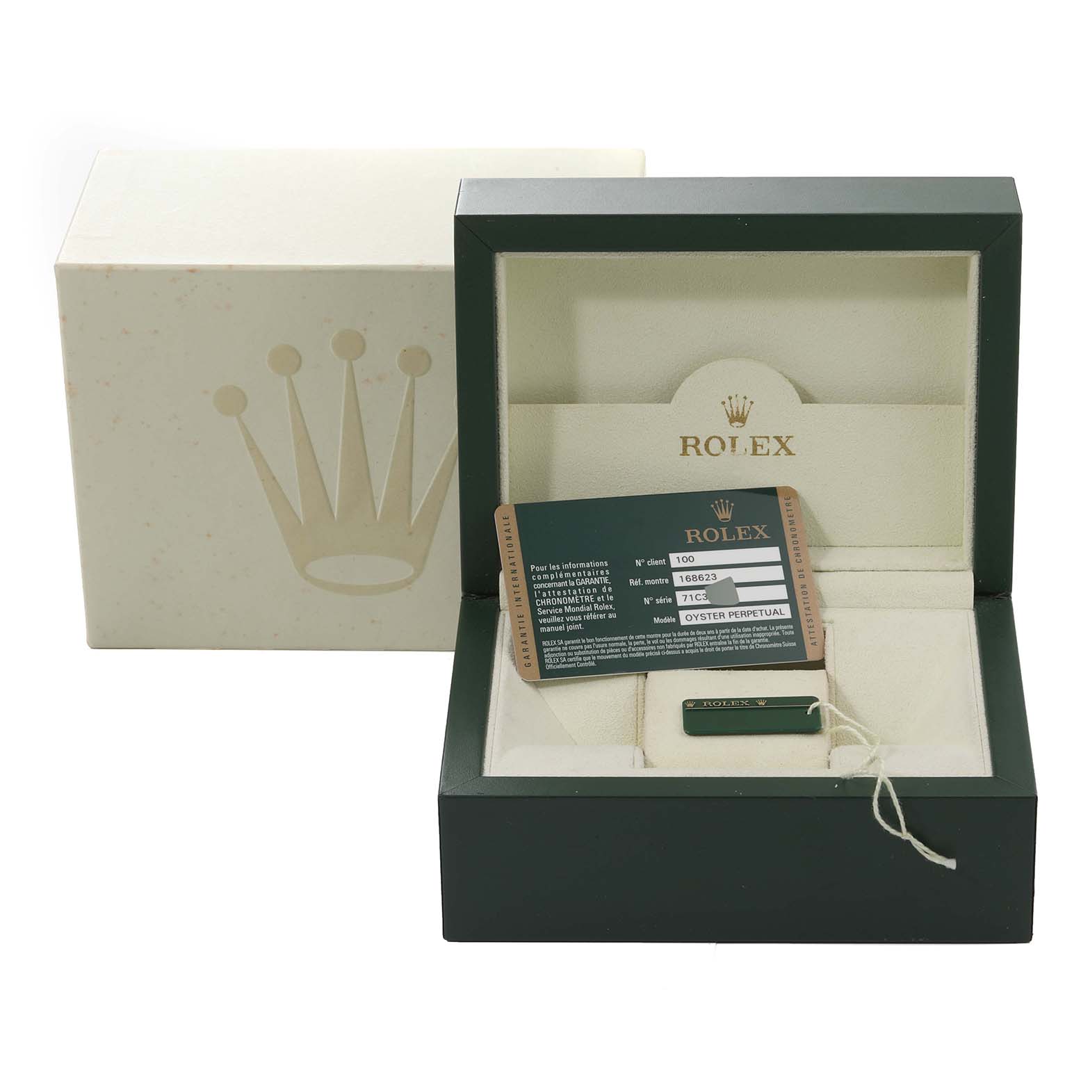 The image shows the box and accessories for a Rolex Yacht-Master 168623 Men's Steel and Gold (two tone) Grey Dial 168623 Men's Steel and Gold (two tone) Grey Dial watch, including tags and paperwork.