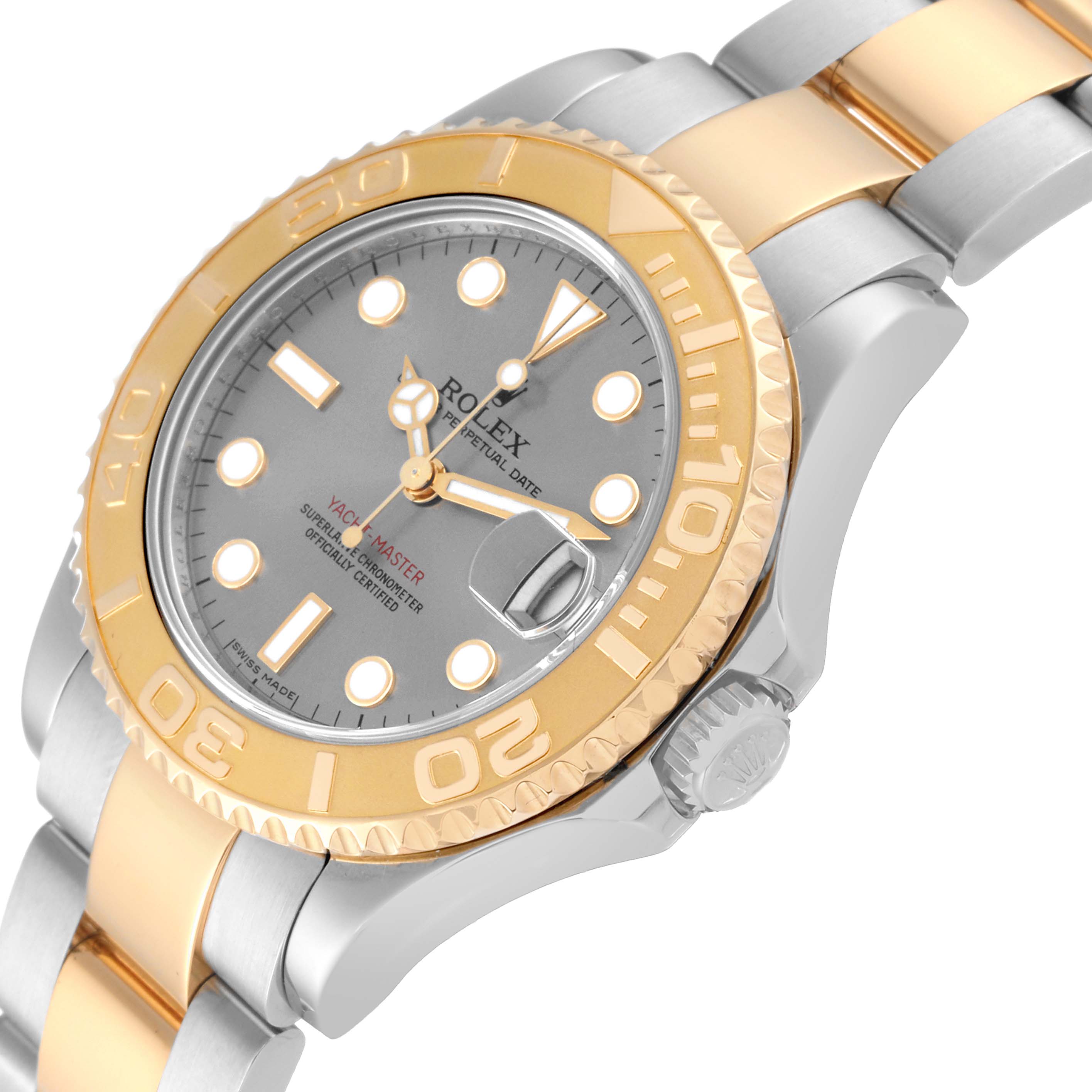 The image shows a close-up of a Rolex Yacht-Master 168623 Men's Steel and Gold (two tone) Grey Dial 168623 Men's Steel and Gold (two tone) Grey Dial watch, highlighting its face, bezel, crown, and part of the bracelet.