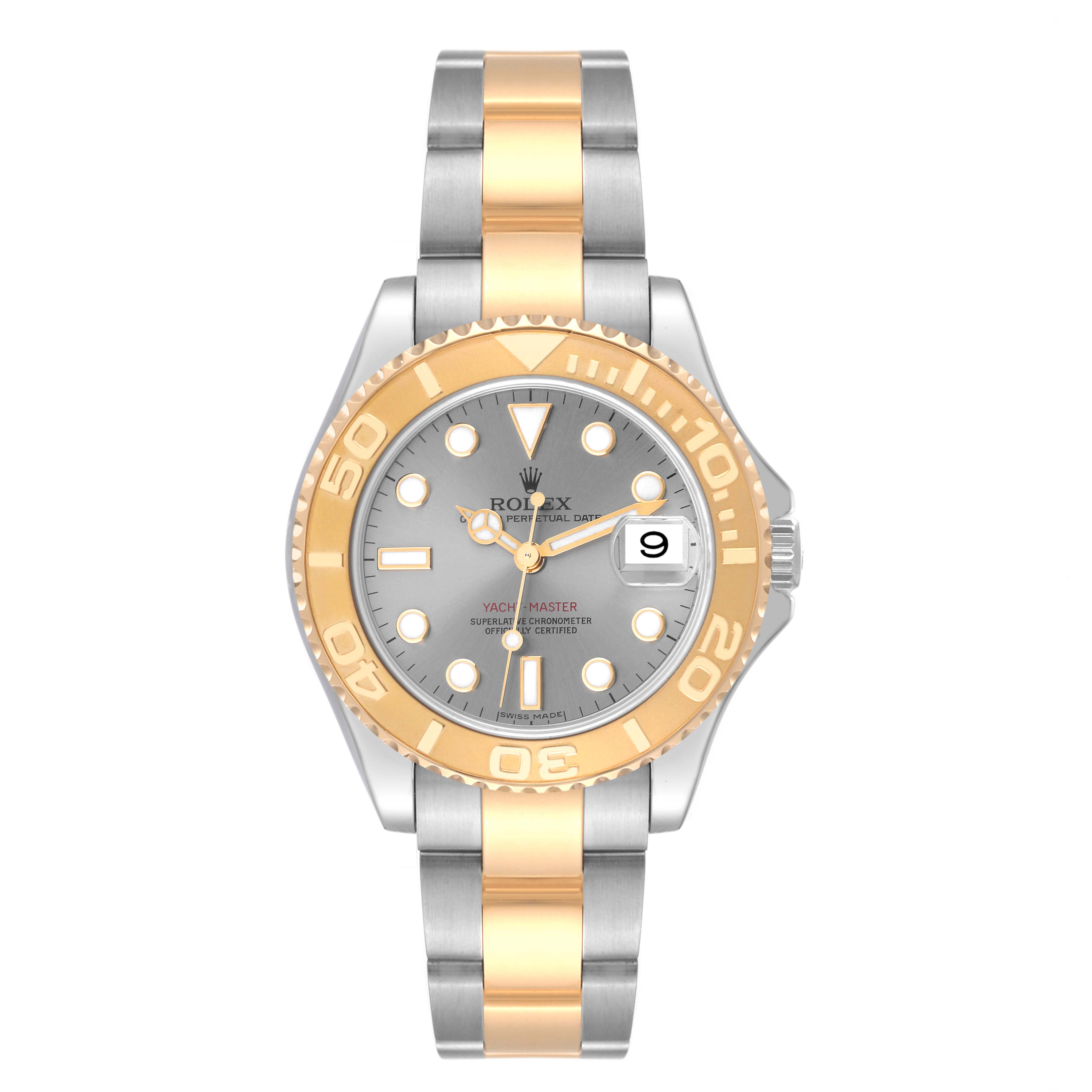 This image shows a Rolex Yacht-Master 168623 Men's Steel and Gold (two tone) Grey Dial 168623 Men's Steel and Gold (two tone) Grey Dial watch from a front angle, highlighting its dial, bezel, and bracelet.