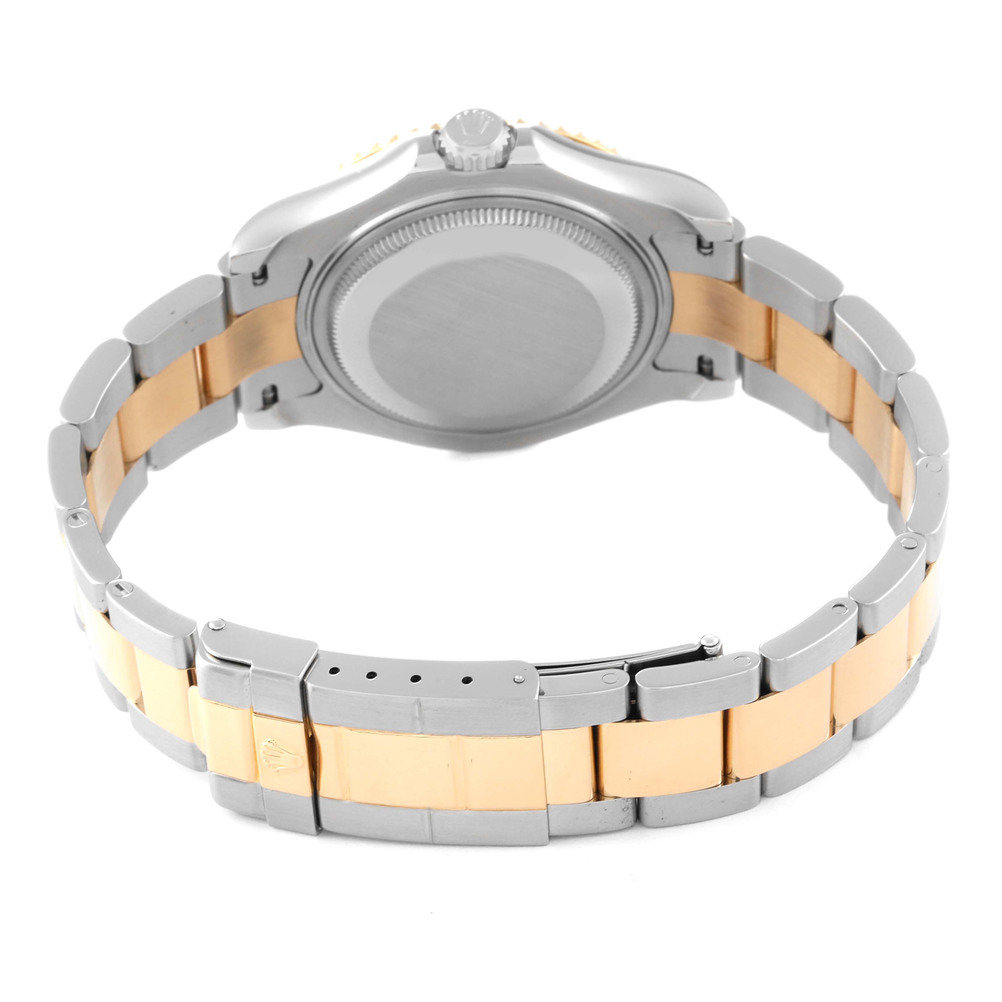 This is a rear view of a Rolex Yacht-Master 168623 Men's Steel and Gold (two tone) Grey Dial 168623 Men's Steel and Gold (two tone) Grey Dial watch showing its bracelet, clasp, and case back.
