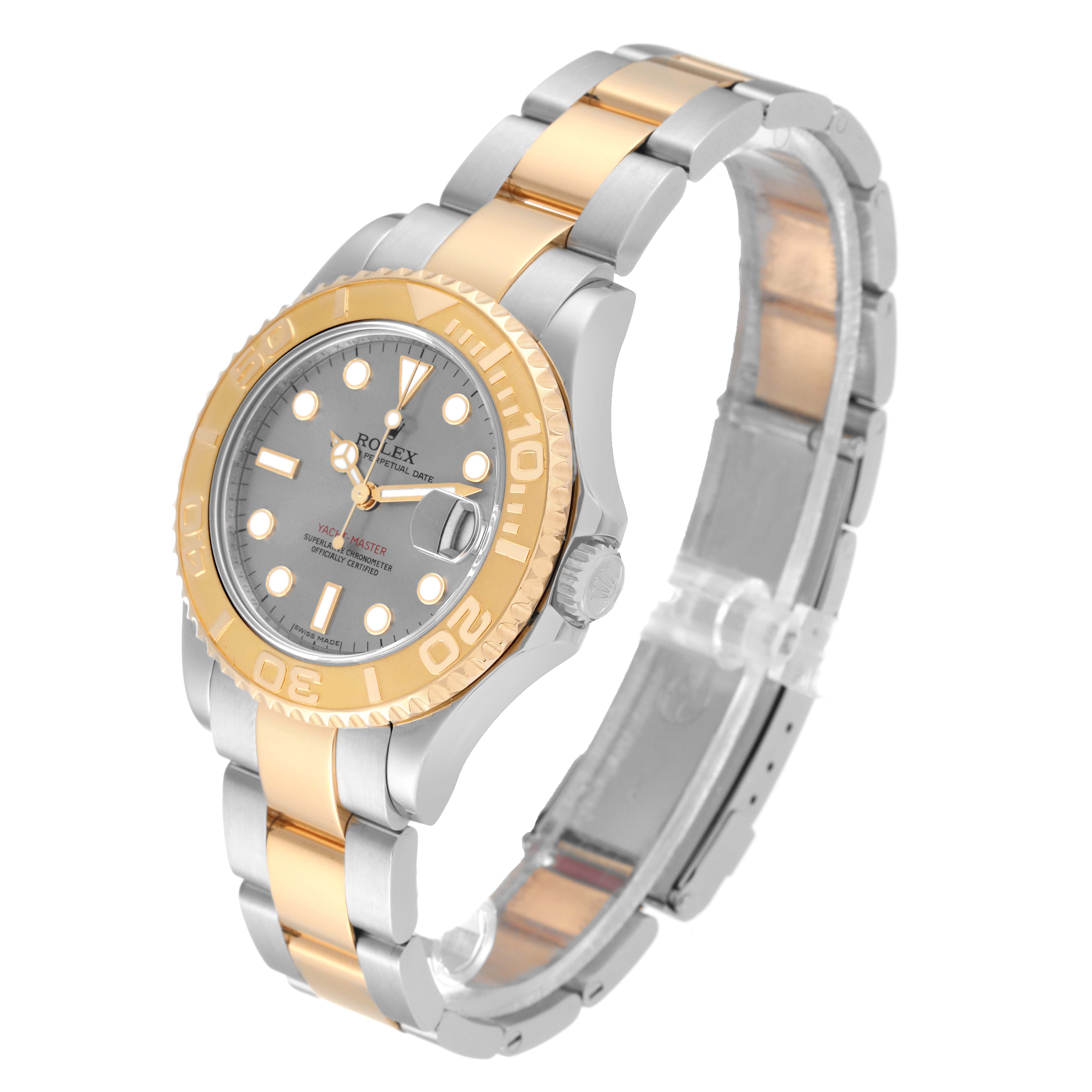 The image shows a Rolex Yacht-Master 168623 Men's Steel and Gold (two tone) Grey Dial 168623 Men's Steel and Gold (two tone) Grey Dial watch at a slight angle displaying its face, bezel, and two-tone bracelet. 