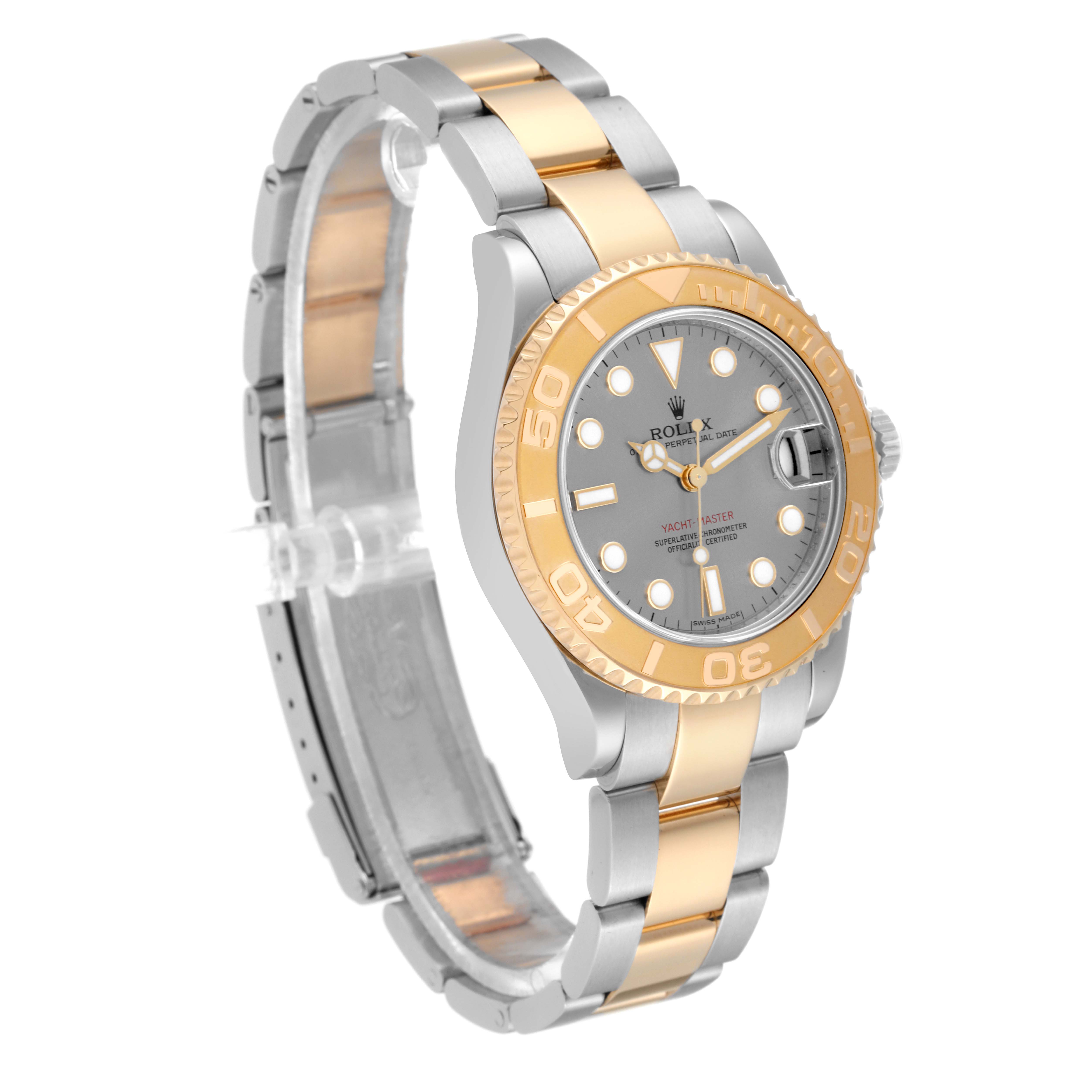 This image shows a Rolex Yacht-Master 168623 Men's Steel and Gold (two tone) Grey Dial 168623 Men's Steel and Gold (two tone) Grey Dial watch, featuring a side view angle displaying its two-tone bracelet and bezel.