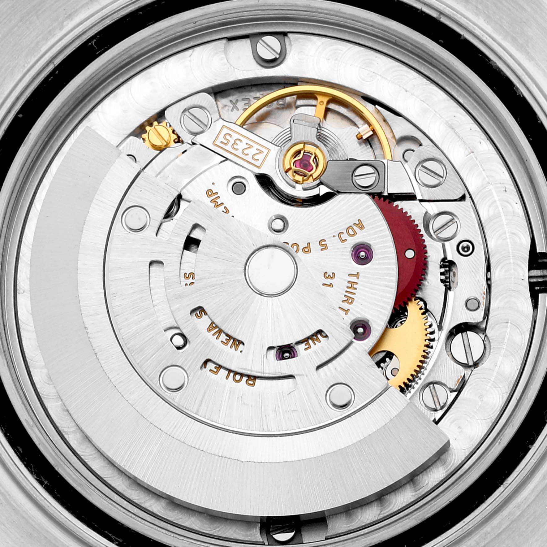 The image shows the inner mechanical movement of a Rolex Yacht-Master 168623 Men's Steel and Gold (two tone) Grey Dial 168623 Men's Steel and Gold (two tone) Grey Dial watch from a top-down angle.
