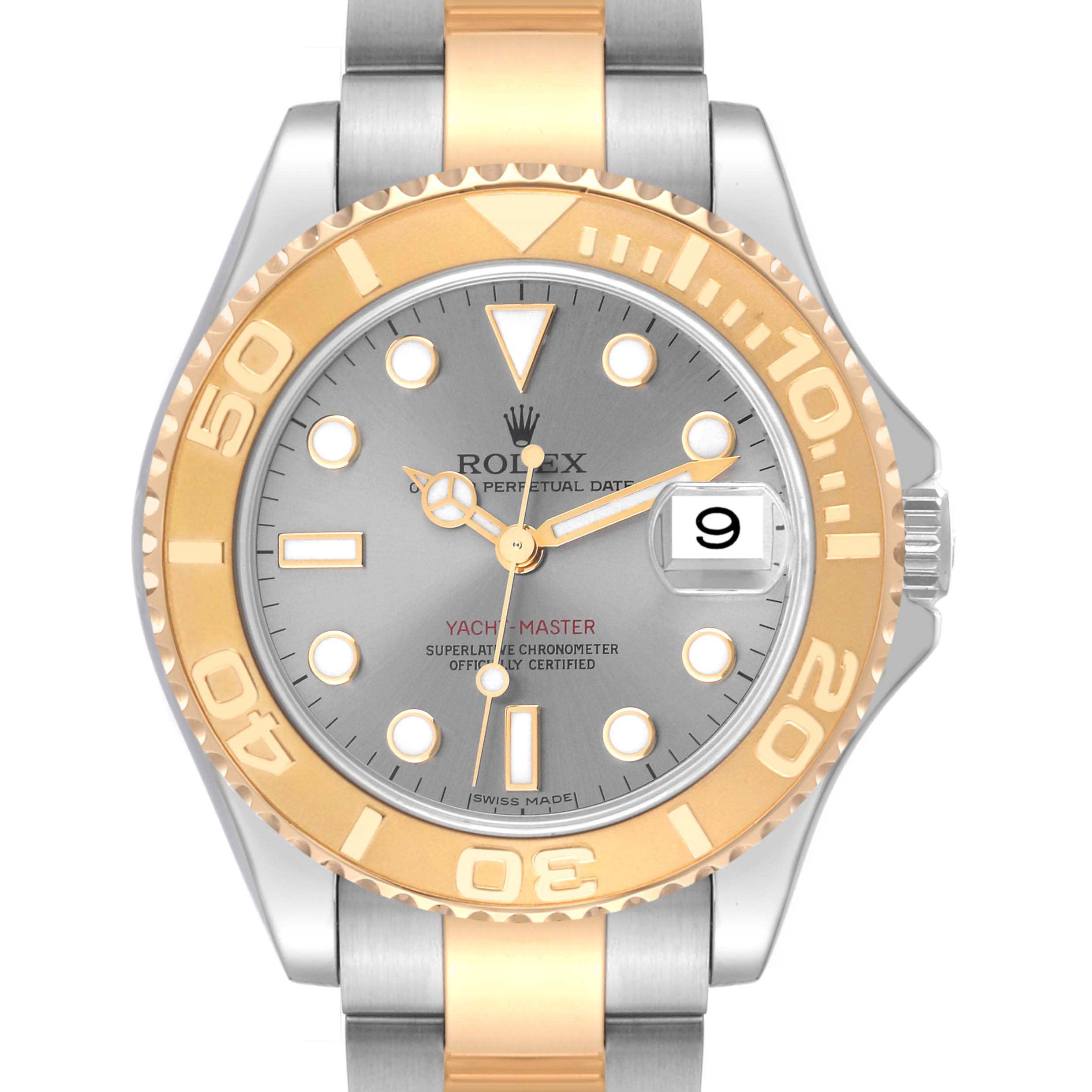 This image shows a front view of the Rolex Yacht-Master 168623 Men's Steel and Gold (two tone) Grey Dial 168623 Men's Steel and Gold (two tone) Grey Dial watch, highlighting the dial, bezel, and part of the bracelet.