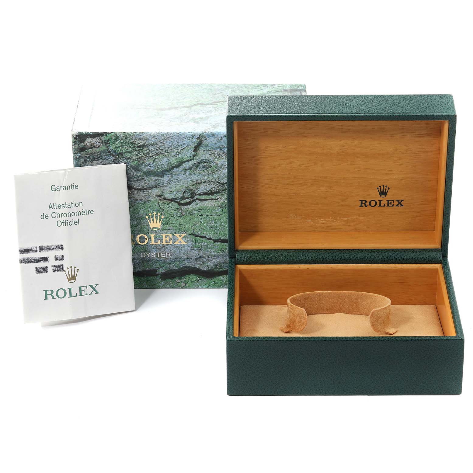 The image shows an open Rolex Yacht-Master 16622 Men's Stainless Steel Silver Dial 16622 Men's Stainless Steel Silver Dial watch box, its outer box, and a guarantee booklet.